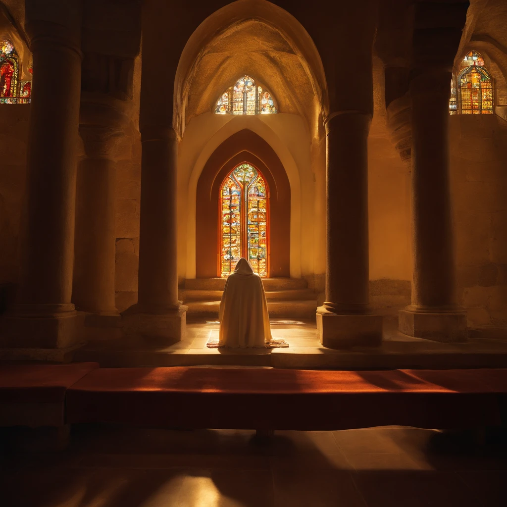 (best quality,realistic:1.37),Roman Catholic monk,serene expression,vibrant colors,majestic lighting,sunlight streaming through stained glass windows,detailed robe and hood,devotional atmosphere,silent prayer,candlelit altar,vibrant colors of the religious icons,peaceful monastery garden,ancient architecture,solemn and contemplative demeanor,subtle texture of the stone walls,highly detailed hand gestures,soft rays of sunlight illuminating the chapel,rich and deep color palette,meticulous attention to facial features,tranquil backdrop of the monastery courtyard,exquisite details on religious artifacts and symbols,enclosed courtyard surrounded by tall stone walls,peace and serenity,harmony between light and shadow,architectural grandeur