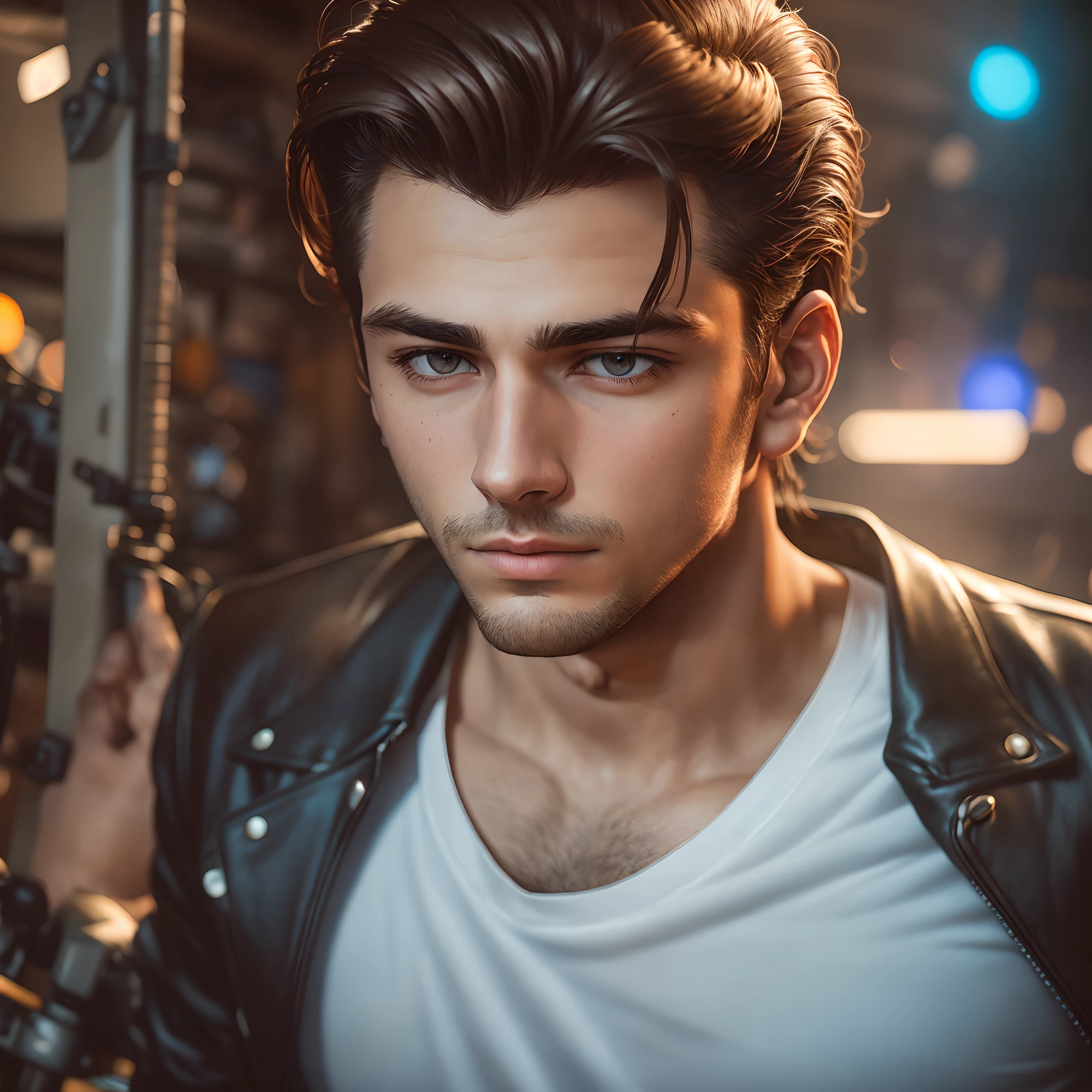 Portrait of an man, 20 years old, brown slicked back hair, wearing white T-shirt, wearing blue jeans, wearing leather motorcycle jacket, in old garage, aloof, greaser, raytracing, depth of field, particle effects, bokeh, high resolution