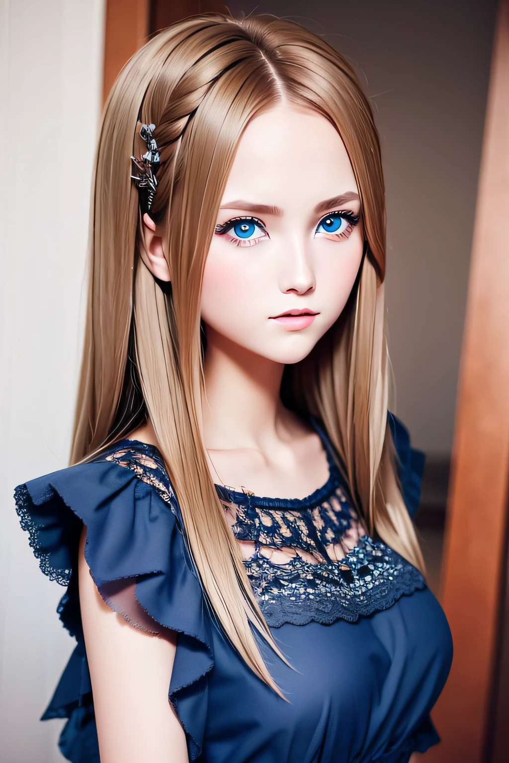 beautiful  European girl, brown hair, blue eyes, ((Melancholy Girl)), portrait of Princess Ruu, Telluric Sky, Robert Chang Style, Princess Mechan****a, Princess Melancholy, Full Boy,