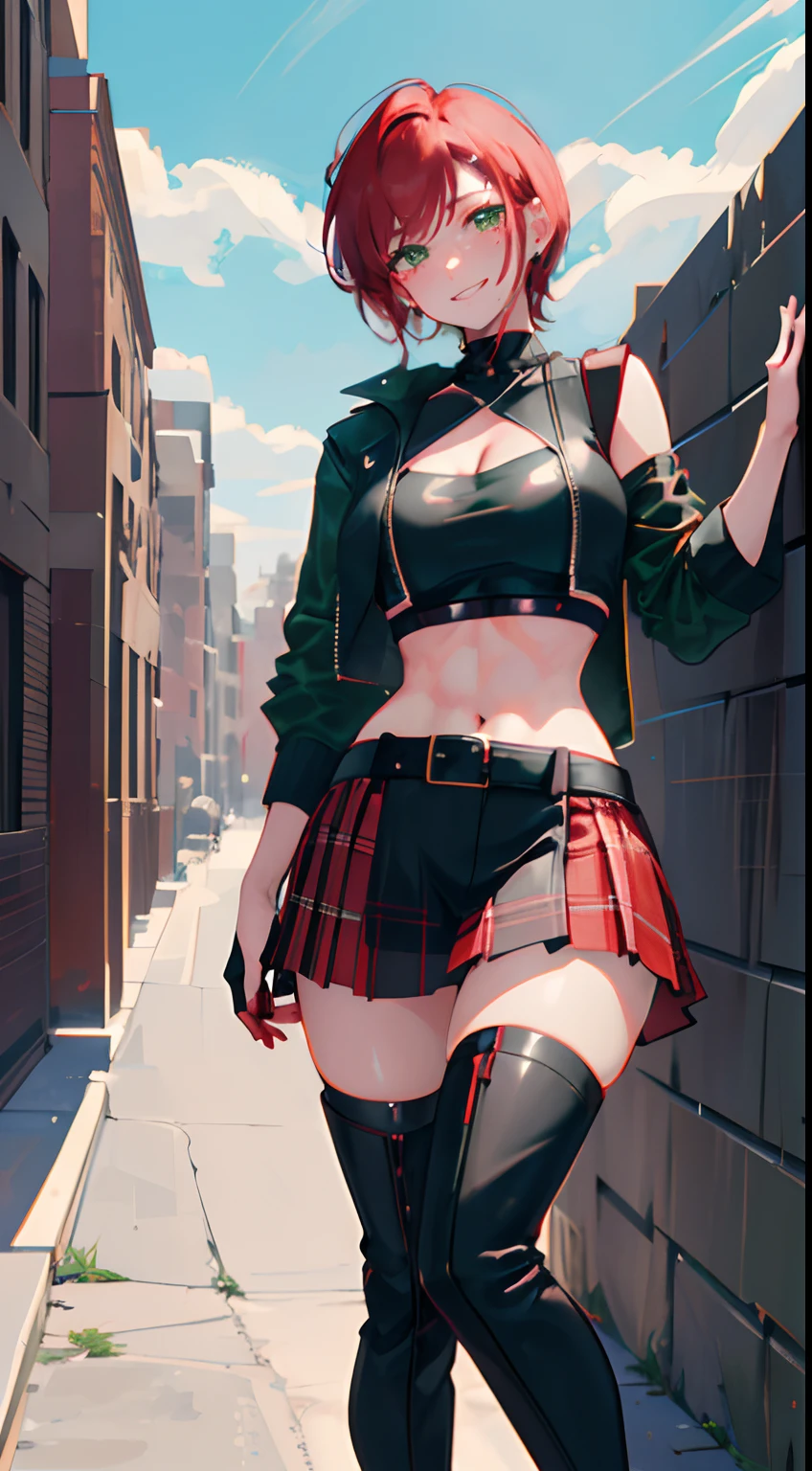 1girl, curly red pixie cut hair, green eyes, wearing crop top black shirt, red plaid skirt, (black knee high boots), black fingerless gloves, jacket, (exposed shoulders), thick thighs, large breasts, freckles, abs, absurdres, high res, ultrasharp, 8K, masterpiece, (full body), on rooftop overlooking city