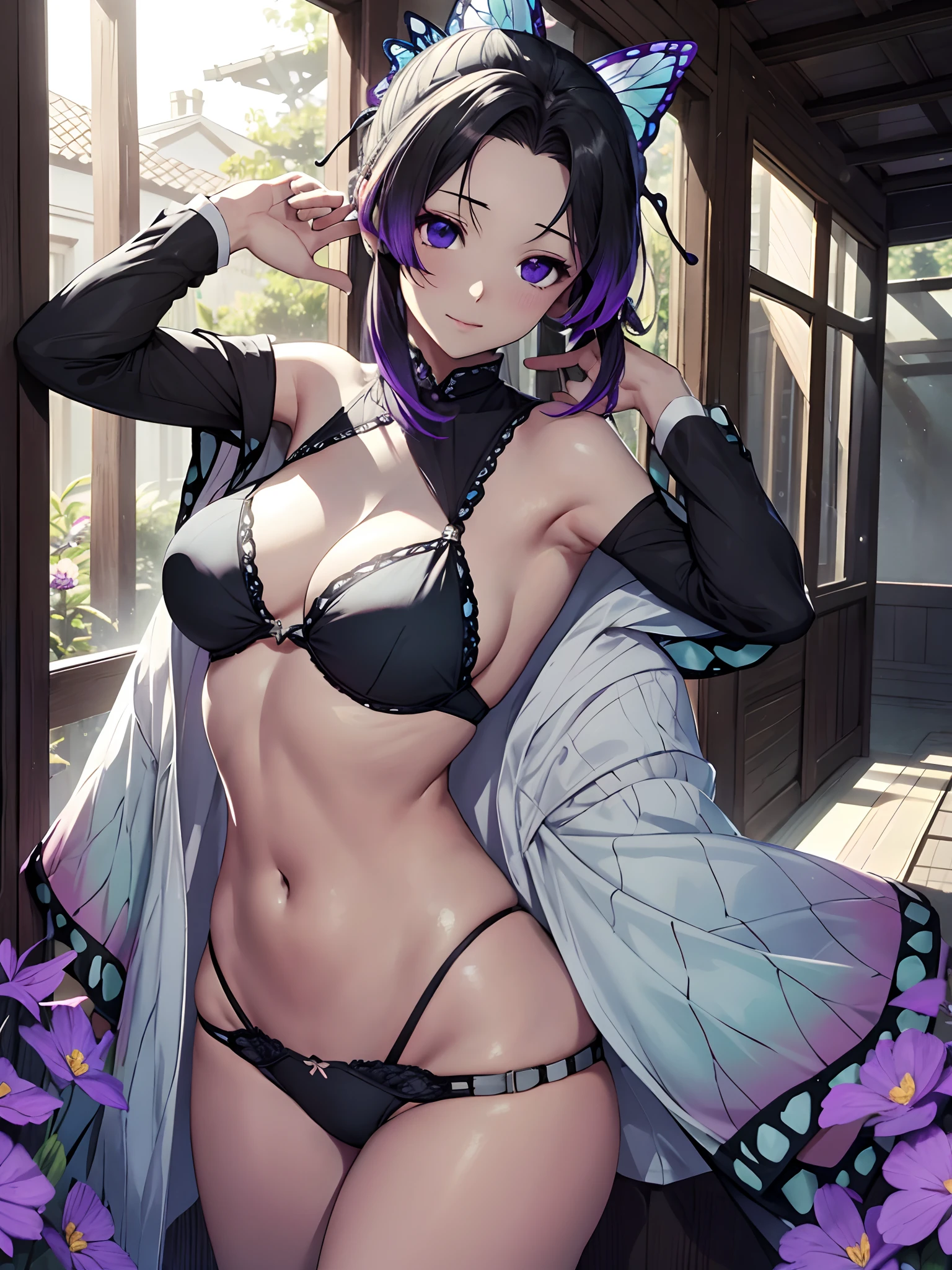 Ultra-realistic 8kCG,tmasterpiece,((hyper detailed background,delicate patterns,intricate-detail)),best qualtiy,extremely detailed man,extremely detailed eye and face,extremely detailed eye,kochou shinobu,O cabelo multicolorido,No bangs,Hair intake,Black eye,Cap,Black shirt,Black panties,(The bikini),butterflys,Strip Strip,(Trepical Garden:1.2),purple flower,Mostly cloudy sky,rays of sunshine,Tyndall effect,gradient_Heaven,faces,Beautiful sky,Saber on the waist,enchanting posture,(large full breasts:1.3),(cleaveage:1.3),(Off-the-shoulder costumes:1.5),ssmile, Appearance from behind, butt sticks out