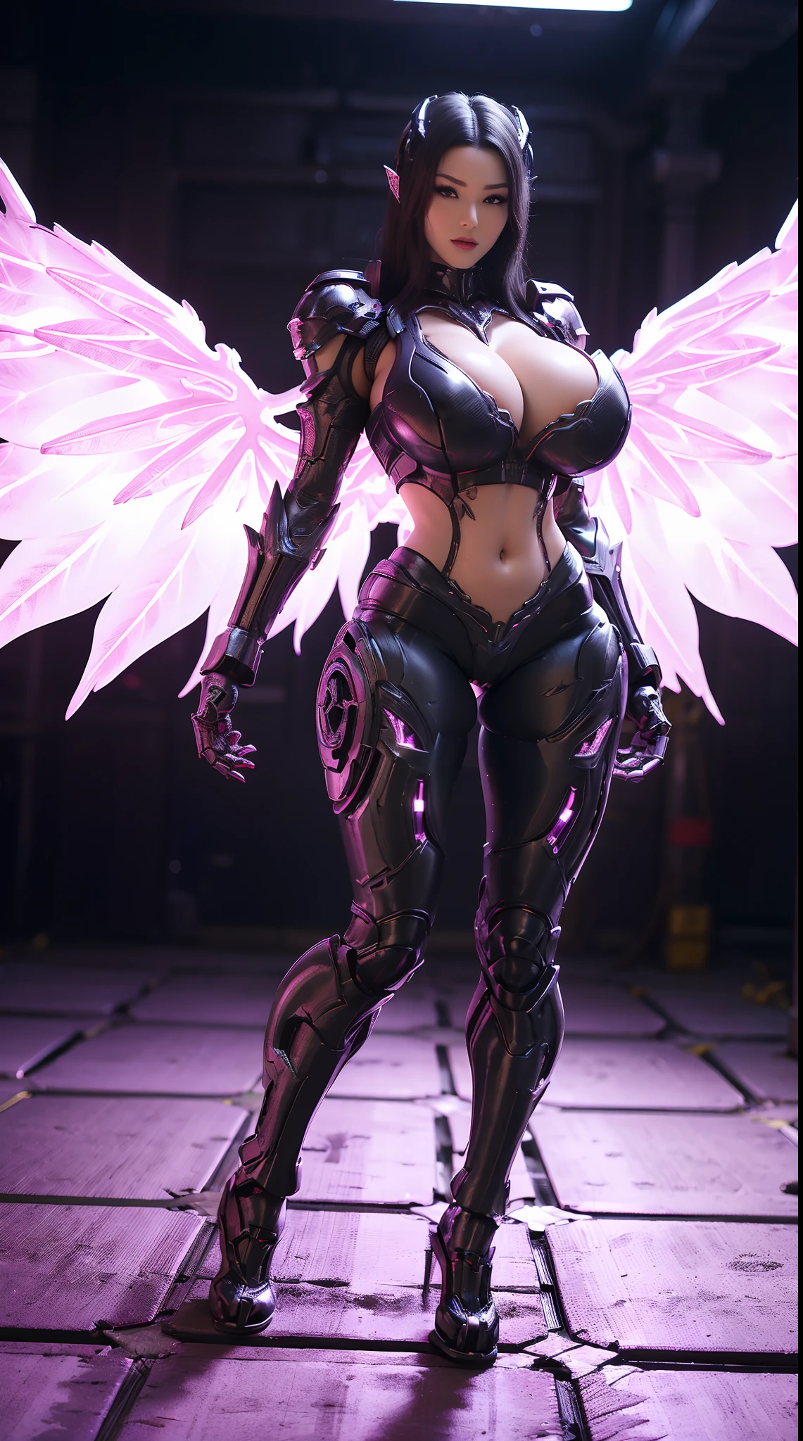 (DRAGON HEAD), HUGE FAKE BOOBS, (BEAUTIFUL FACE), (BLACK HAIR), (PURPLE:1.2, WHITE:0.8, RGB:1), (CROP TOP MECHA ARMORED GEAR), (((A PAIR OF HUGE MECHANICAL WINGS SPREAD OUT))), FUTURISTIC DRAGON MECHA SUIT, (CLEAVAGE), (SKINTIGHT YOGA PANTS), (PERFECT BODY:1.2), (FULL BODY VIEW), FRONT, (STANDING:1), (MECHANICAL HIGH HEELS), MUSCLE ABS, UHD, 8K, 1080P.