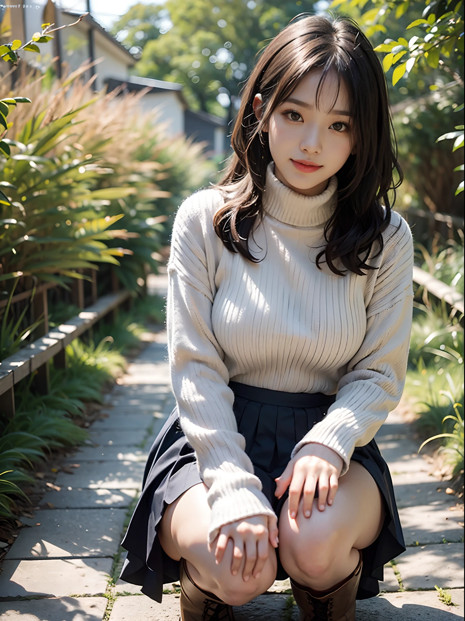((highest quality、8k、masterpiece:1.3)),((((cowboy shot)))),Ultra-high resolution,big eyes,Japanese,bangs,(a girl),(1 girl),((20 years old)),((facing at viewer)),(long hair),(((black sweater))),grin,((squatting)),(((pleated mini skirt))),((())),((pubic hair)),((skirt lift)),(((black short crew socks)))