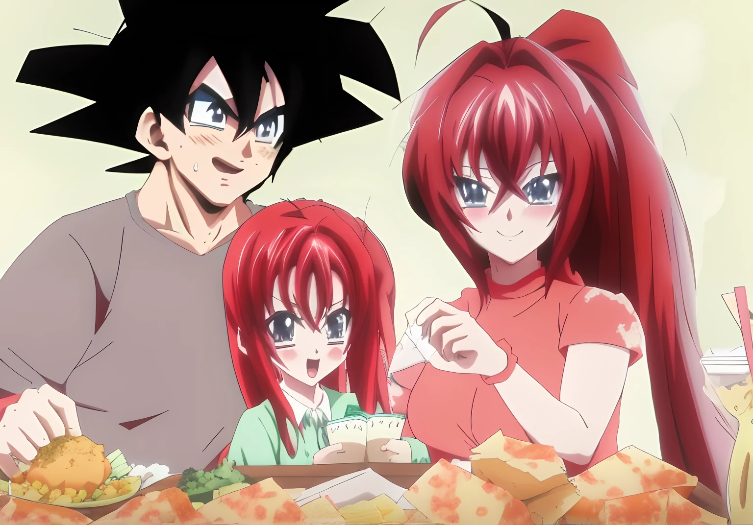 Personajes de anime sentados en una mesa con comida y bebidas, Comida anime, Erza Scarlet, son goku, Rias Gremory y su hija cara perfecta y ojos azules, como persona real, familia, padre, madre y hija, Dragon Ball, high school dxd, en estilo anime,Estilo de arte anime, estilo anime", Estilo visual anime, anime, Estilo anime y manga, epic anime style