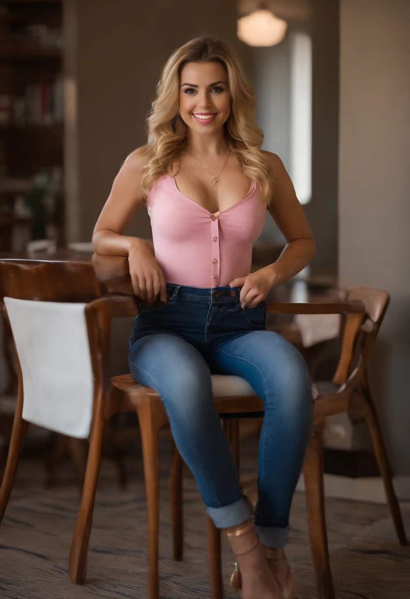 arafed woman in a blue shirt see through nipples, and pink panties see through pussy, sitting on a brown chair, revealing clothes, sexy girl, hot petite, lexi belle, jenny seville, touching her clothes, alexa grace, liana, looking hot, latina, hot petite girl, waist - shot, lorena avarez, teasing smile, leg shot, cute girl, photo of a model