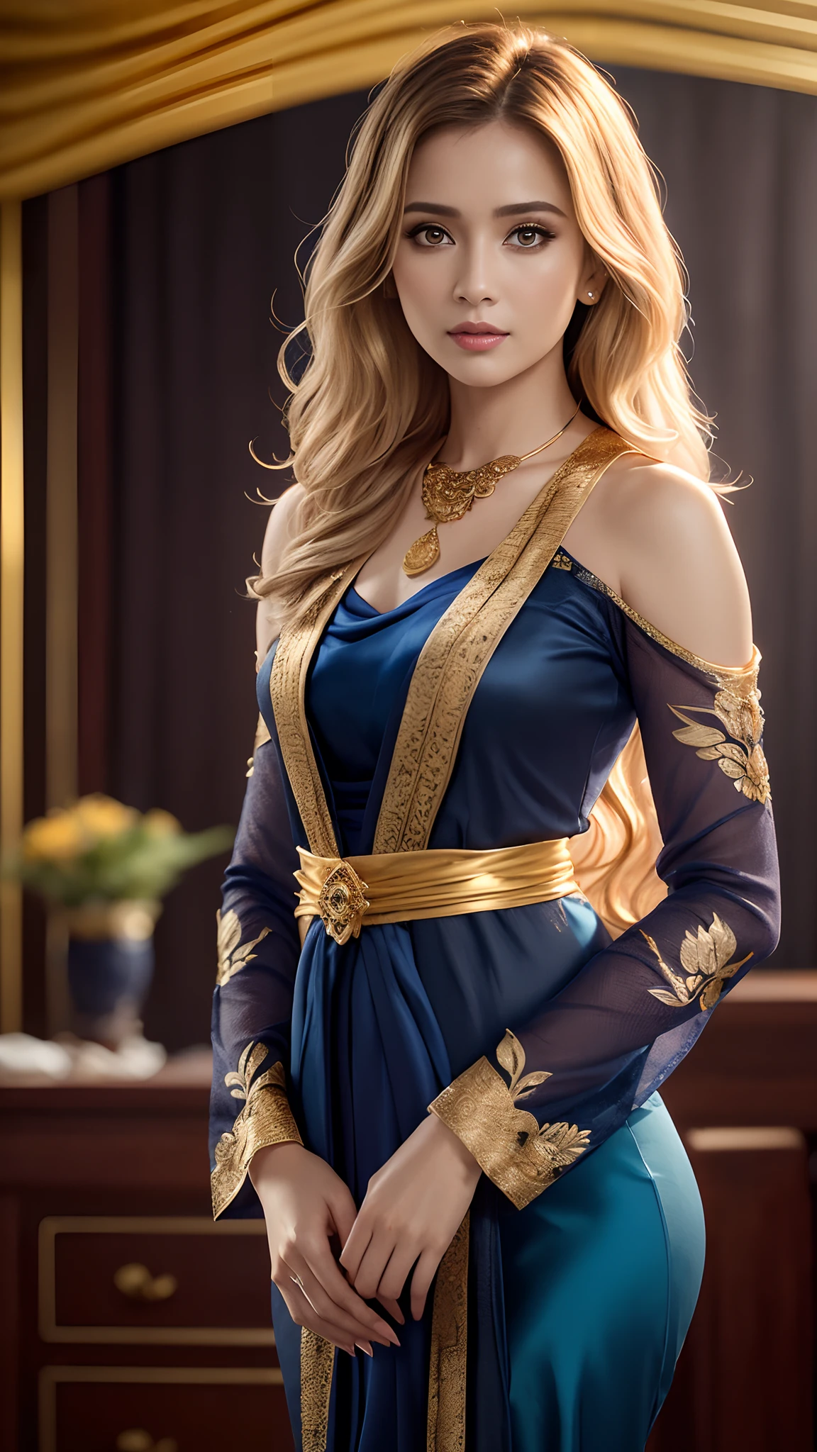 Photorealistic Production, (One Person), (Realistic Image of a 25 Years Old British Female Model), (Shoulder-level Wavy Golden Hair:1.6), (Pale Skin:1.4), (Wearing a Dark Blue Ornated Kebaya Dress with Silk Cloth and Golden Jeweleries:1.6), (Serious Face), (Deep Cleavage), (Elegant Pose:1.4), Centered, (Waist-up Shot:1.4), From Front Shot, Insane Details, Intricate Face Detail, Intricate Hand Details, Cinematic Shot and Lighting, Realistic Colors, Masterpiece, Sharp Focus, Ultra Detailed, Taken with DSLR camera, Realistic Photography, Depth of Field, Incredibly Realistic Environment and Scene, Master Composition and Cinematography