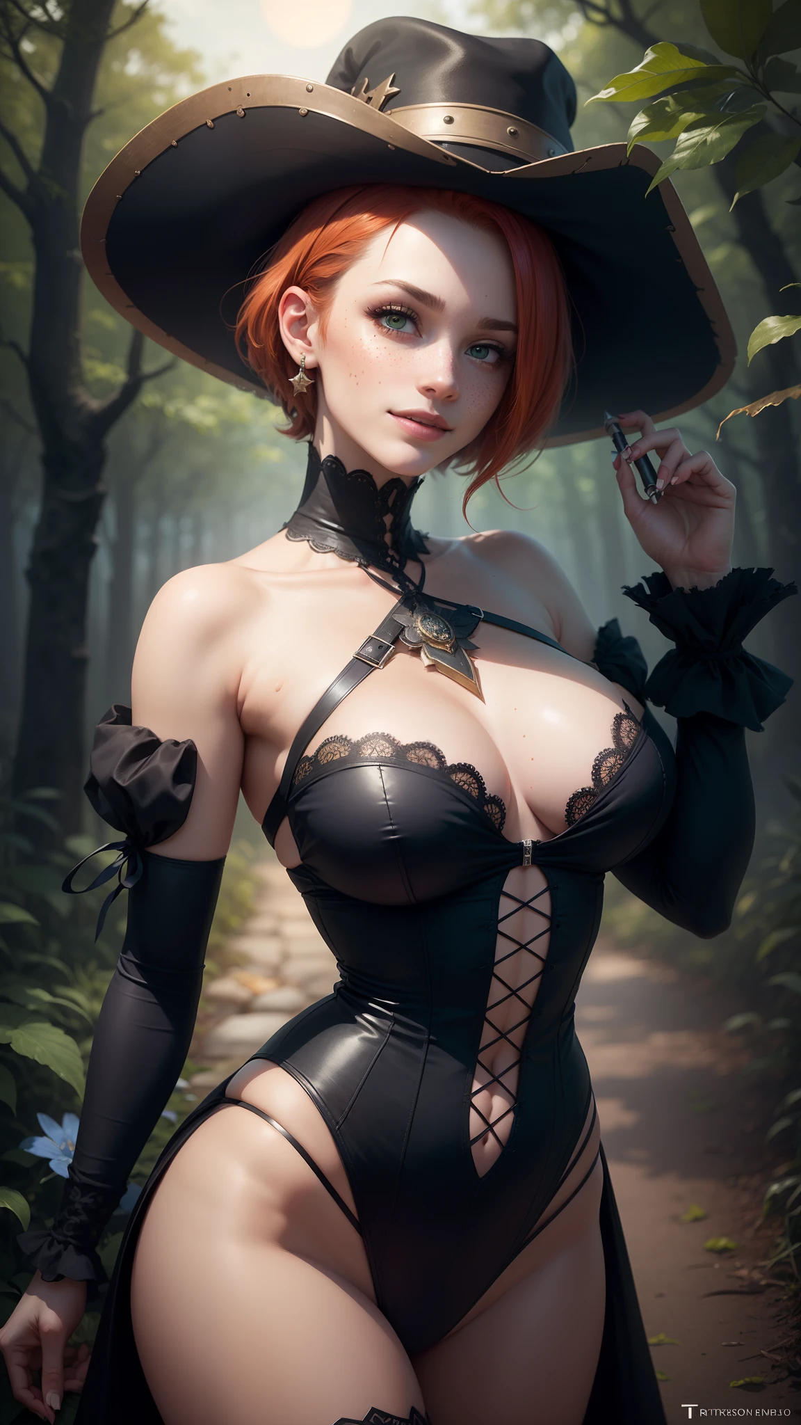 gwen tennyson,tracer,bulma,rebecca chambers,close up,nier automata, magic spell,magic wand,1girl,purple bodysuit,moonlight,victorian steampunk skirt,pirate corset,blue neck jewelry,blue witch hat,short hair,star earrings,night gown,pumpkin village,dark forest,gothic makeup,green eyes,orange hair,shy smile,freckles,redhead,beautiful girl,large breasts,ultra detailed,realistic,fantasy art,