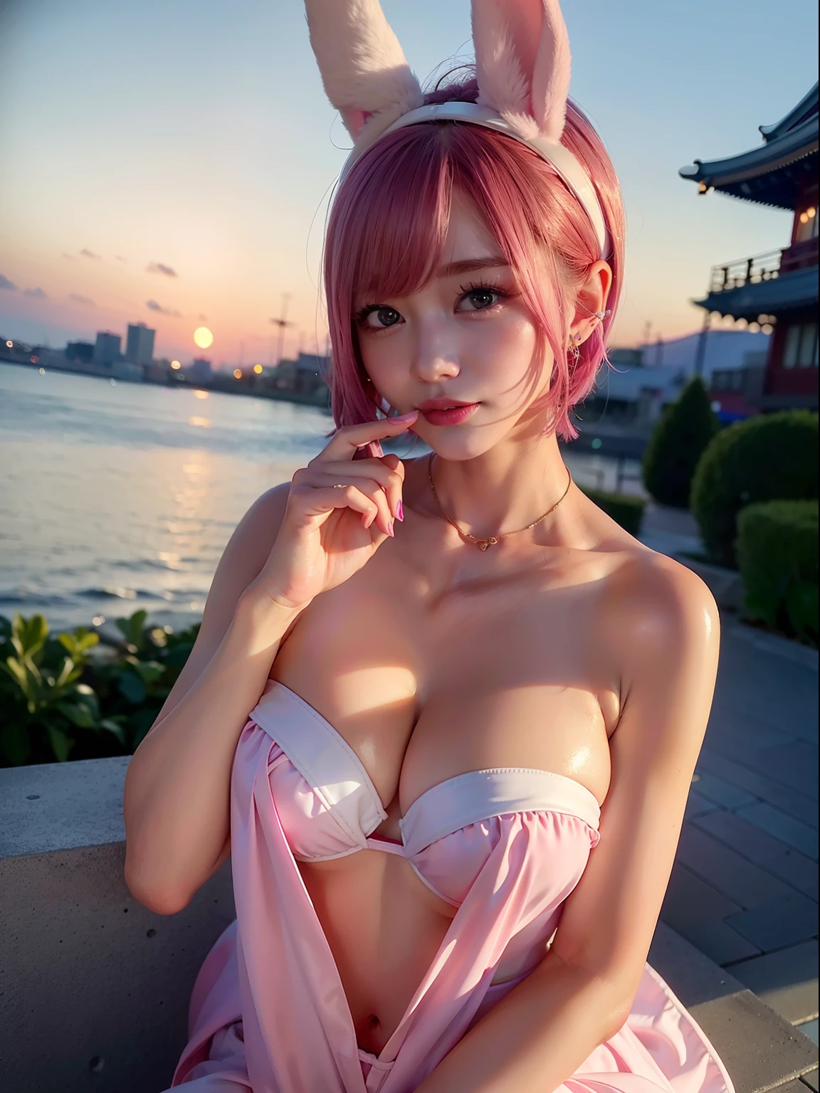 The bikini、the morning sun、Morning Town、A town where the first sunrise shines、Showa townscape、Pink hair、Morning scene、cleavage of the breast、(8K, top-quality, ​masterpiece:1.2), (realisitic, Photorealsitic:1.37), ultra-detailliert, 1 girl in, Whole body esbifa layer、cute little、独奏、Beautiful detailed night sky、(A smile:1.15)、(Mouth closed)、tiny chest、Eyes in Beautiful Details、（short-hair：1.2）、Floating Hair NovaFrogStyle、masuter piece、Pink Shortcut Bob、Realistic rabbit ears、Pink realistic rabbit ears、Realistic ears of rabbits sticking out of the head、Pink hair、Beautiful girl in her 20s、Bewitching atmosphere、Beautiful shaped hands、K-POP、Pink rabbit ears、1 girl in、独奏、​masterpiece、top-quality、realisitic、Hyper-detailing、(Glossy skin:1.4)、absurderes、short pink hair、Slender beauties、动态照明、hight resolution、foco nítido、depth of fields、(thick thight:1.0)、A slender :1.2，((Short-cut bob hair))、((k pop:1.3))，Highly detailed facial and skin texture、((魅惑的))，Anatomically correct number of fingers，Correct anatomy