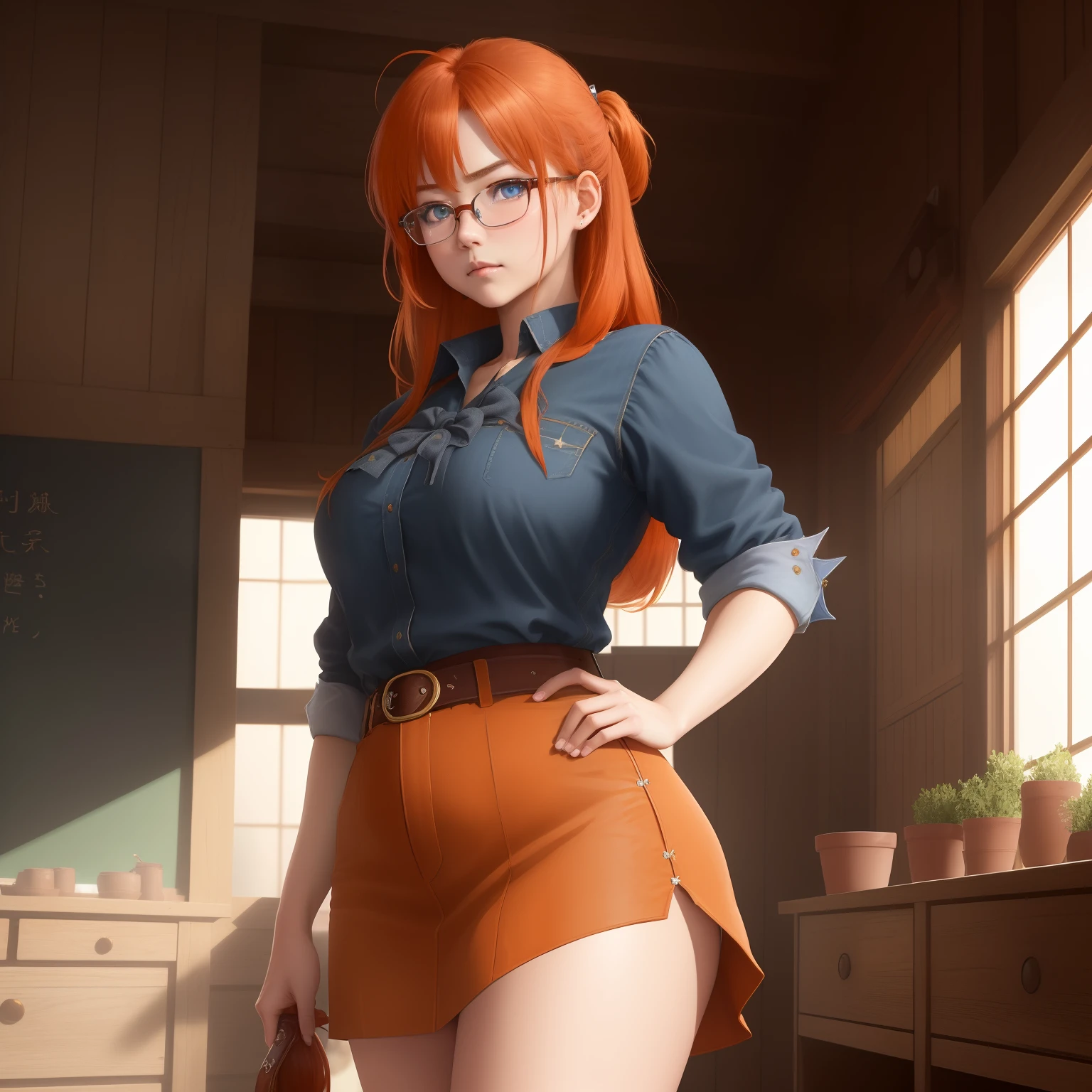 8k, masterpiece, best quality, realistic, higly detailed, cowboy shot, 1girl, solo, itsuki, serious looking girl, medium-length hair, expressive ahoge, reddish-orange hair, a pair of star-shaped hairpins near both of her eyes, dark blue eyes, average height, well-endowed figure, glasses, cute, teacher