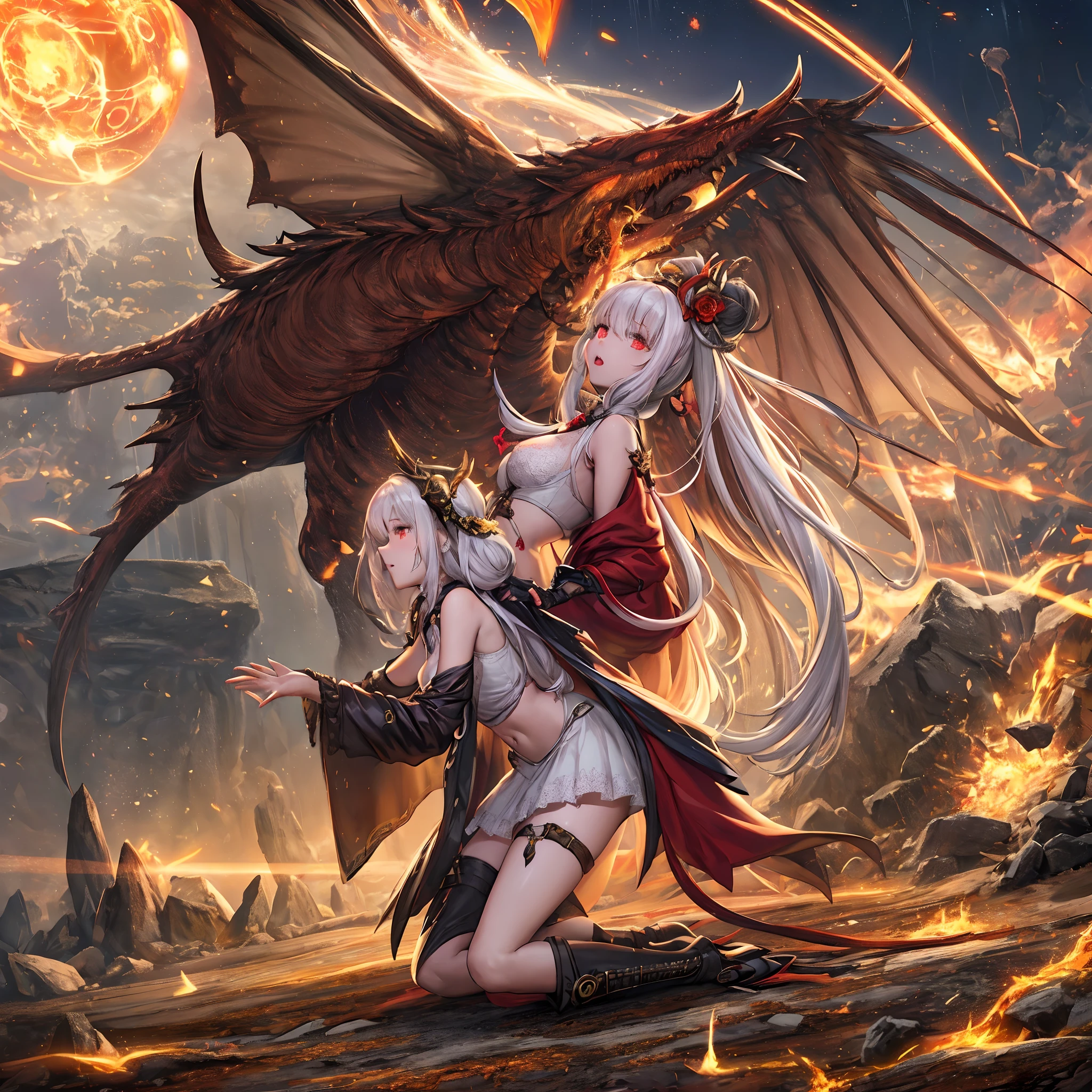 (masutepiece, Best Quality: 1.2), Girl with phoenix wings standing in a ring of fire, with glowing red eyes, phoenix, The lotus flowers, Red gold Pink, Sunrise girl from mountain on background, spreading her wings, wearing a coat of white feathers,,,, Wings full of the back, Radiant Hello, long hair flowing, Mechanical wings dancing delicately at the waist, Medium Figure, Sunken navel, curtains of white feathers on the pelvis move slightly,,,, Mini wings scattered on the body, multiple wings with a yellow sheen,,, Soft yellow fire between the wings.((16 K,Ultra Definition、The highest masterpiece,Best Quality)), maxiskit, dress conservatively 1 girl, 独奏, Full body, wide shoot, Graceful standing, holding sword down, White hair, Long hair, valkyrie, armor, Angel, White bra, side bun, from the front side, extra size body, Night, mont, look at viewr（（Super best quality））， （（A very masterpiece））， （（super detailing：1.4））， （（hyper realistic lifelike 3d））， Dragon Warrior Girl， Mechanical body， Dynamic action poses in battle scenes， Mechanical weapons of very complex and heavy fighters， Off-the-shoulder fashion that blends dense and complex steampunk with dense gothic lolita， Complex steampunk headgear， very thin long legs， Mechanical boots above the knee， Fluttering lace flared mini skirt， beautiful small breasts directed upwards，Somewhat long, Vertically curly silver hair fluttering in the wind，Countless shining large spheres flying around，Many sparks cross and fly，Countless neon signs rained down from magic-evoking gestures，Steampunk Factory，Complex and precise mechanical ruins，Very dark night background，Very dramatic and cinematic lighting。best qualtiy，tmasterpiece，8K，s fractal art，one girls，Long grey hair，Long legs，blackstockings，Sex slaves，Kneeling Pose，