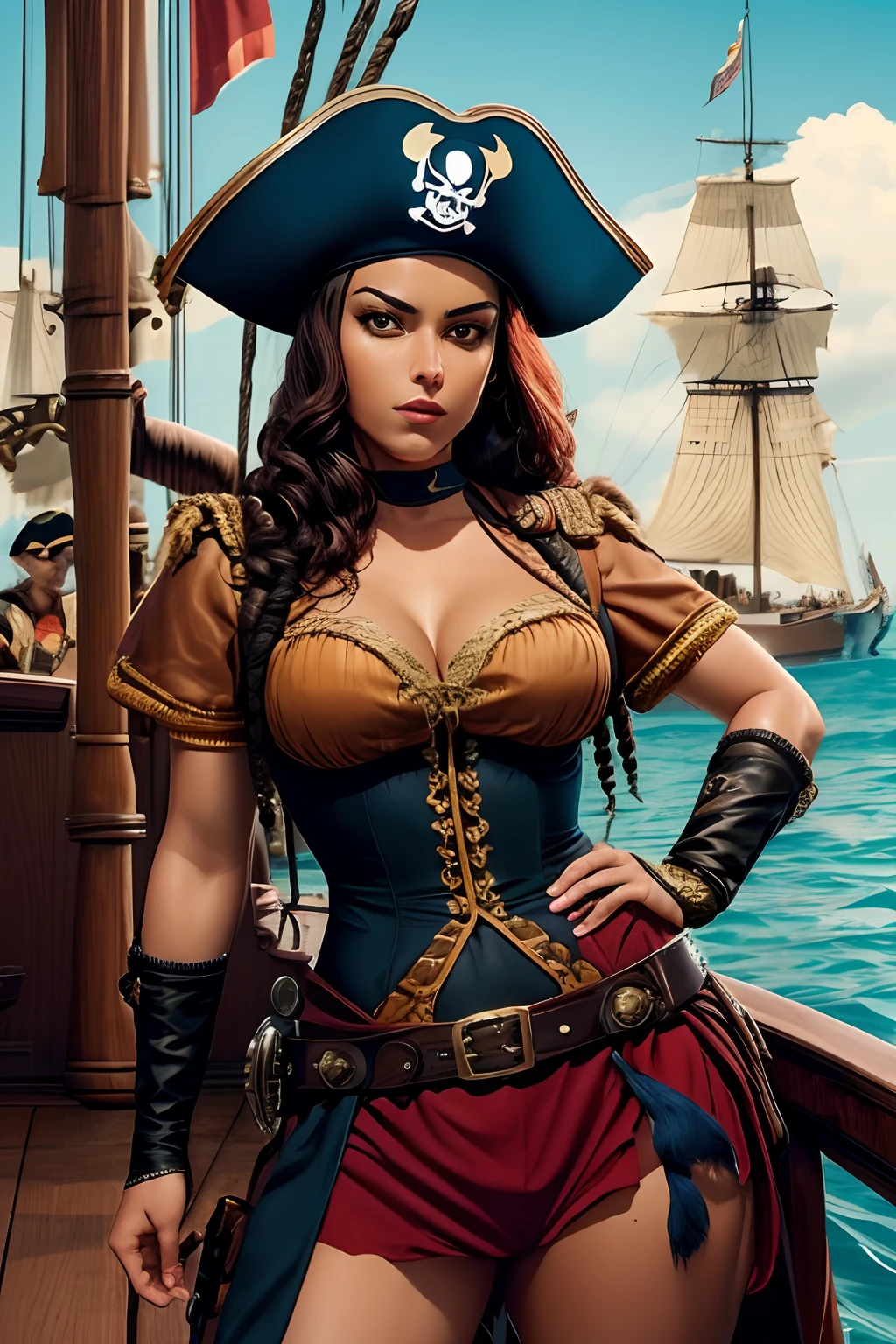 (SFW)Arte inspirada John Romita Sr,Pirate Captain, Woman, Morena, voluptuosa,arrogante, 17th century Spanish uniform, pistola flintlock em seu cinto, Rapier in hand, on the deck of your ship, looking towards the horizon, batalha naval