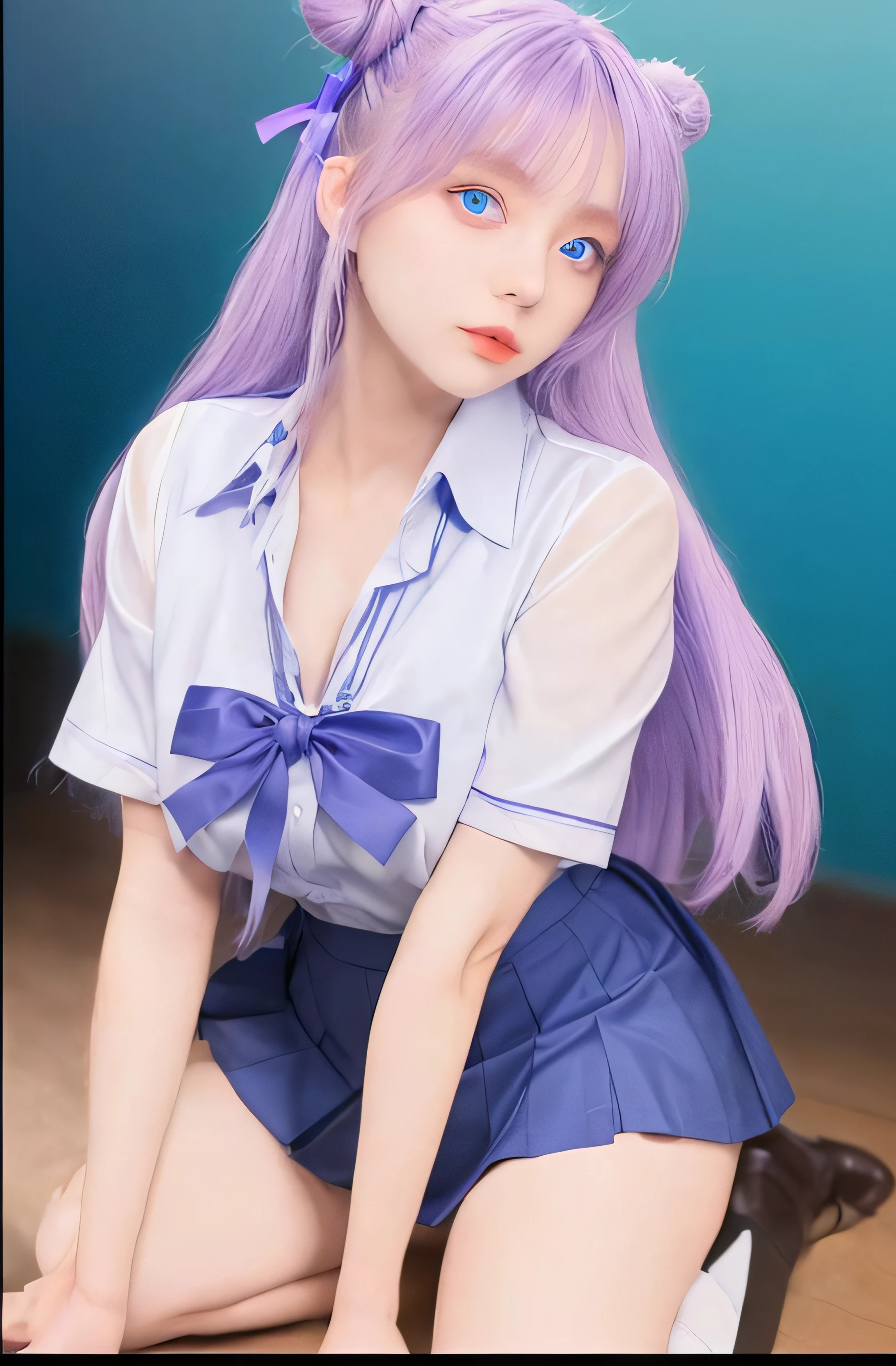 1girl, blue eyes, purple hair, 2 buns, Big Blue Ribbon on shirt, blue uniform skirt