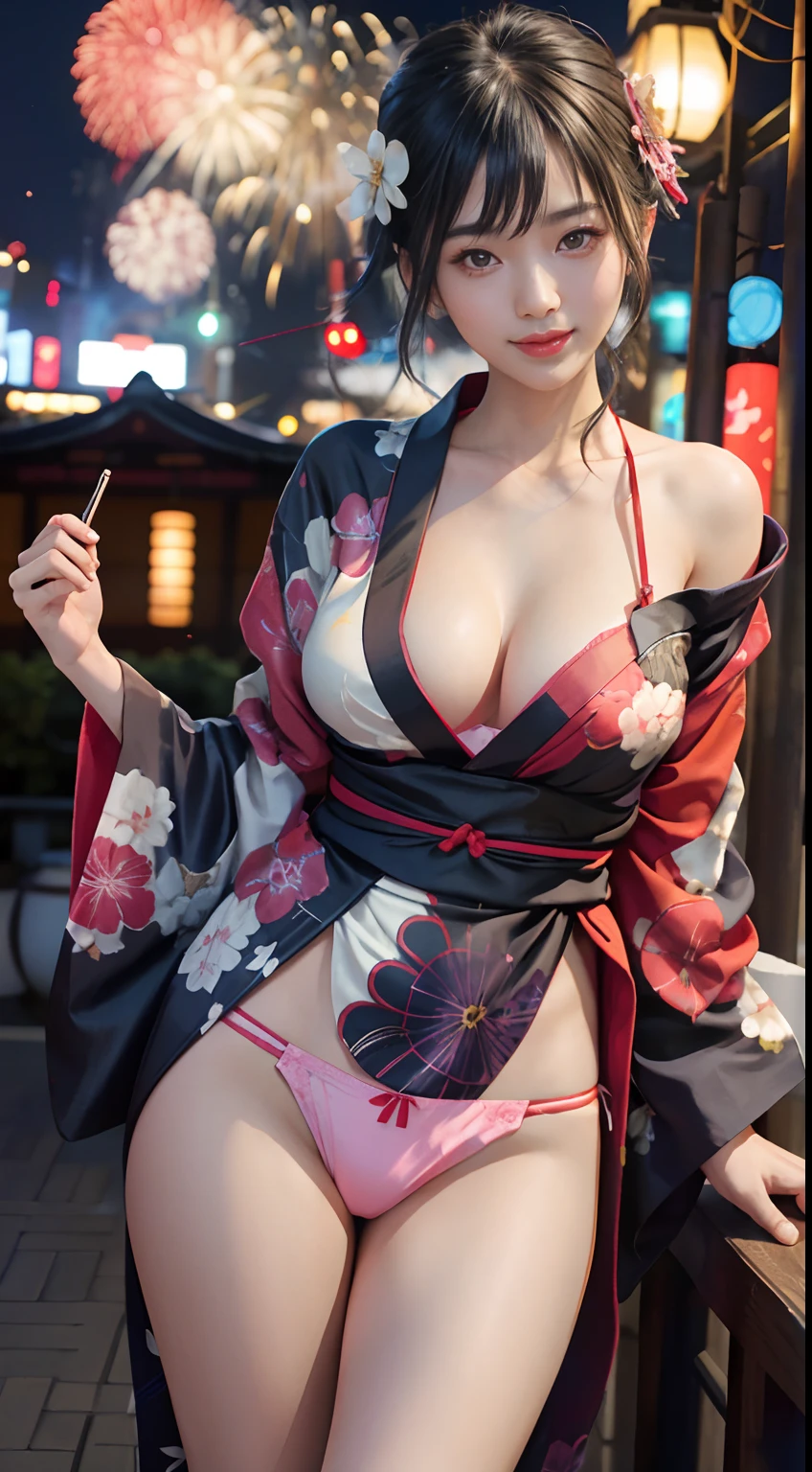 ((masterpiece)), best quality, Full body, solo, Japanese woman, tall body, sexy body, sexy, enchanting, tight skin, big and firm breasts, (wearing a yukata), smile, (masterpiece, best quality, detailed skin texture, detailed fabric texture, beautiful face details, intricate details, very detailed ), Short black hair, dynamic pose, ((lifted your yukata))), (((showing her pantie))), open your leg wide, on the roof, Tokyo street ,night, cityscape, city lights, fireworks festival,((fireworks in the sky)),