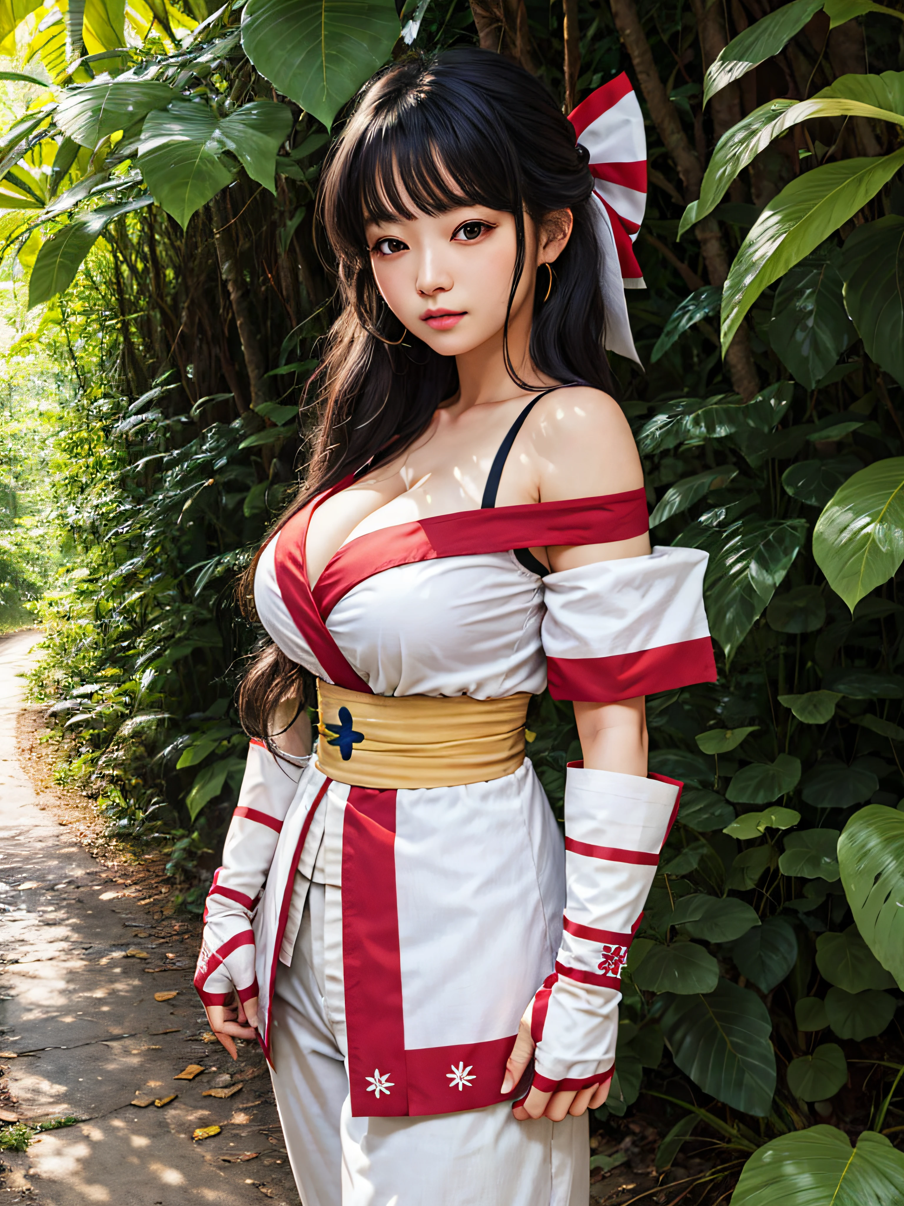 （tmasterpiece，best qualtiy，A high resolution，Off-the-shoulder attire，Frontal photo，Large breasts，（cleavage:1.5)，统一 8k 壁纸，Extremely detailed CG：1），（illustratio：1.0），1girll，Solo，nakorurums，Bow knot，shairband，Ainu clothes，Fingerless gloves，short- sleeved，jungles