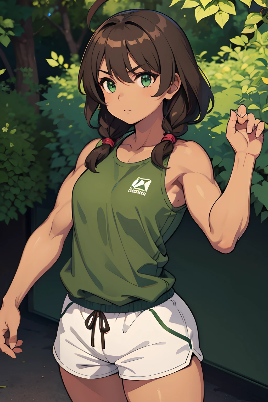 1girl, muscle girl, defined muscles, tanned skin, olive skin, light brown hair, green eyes, sports top, shorts,