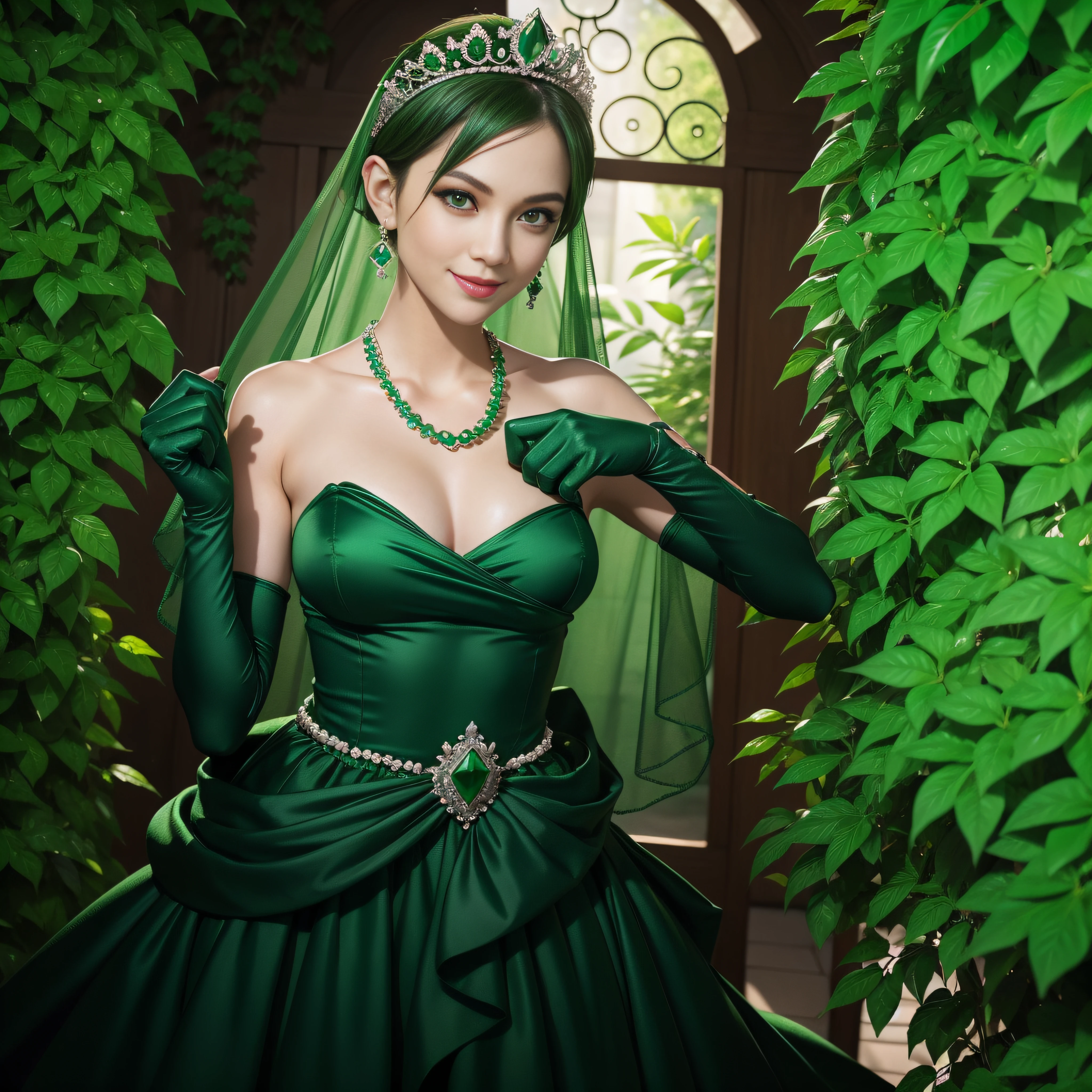 emerald tiara, Green Pearl Necklace, Boyish very short green hair, lipsticks, Japan woman smiling, very short short hair, fist, big breasts beautiful, Green eyes, Long green gloves made of satin material, Green eyes, Emerald Earrings, holding swords