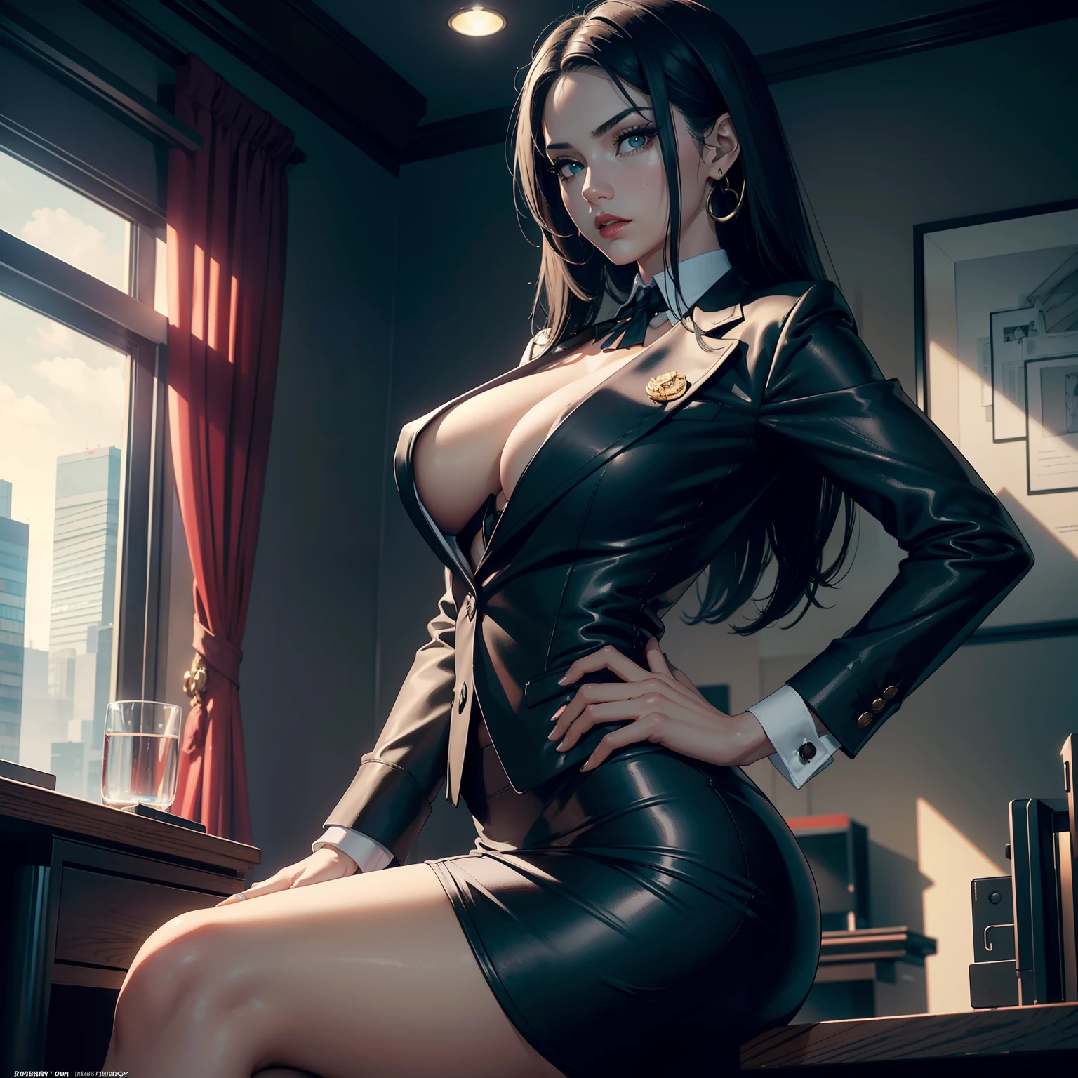 Hyper realistic super detailed sexy woman, Une fille confiante, NSFW, Very detailed, expressions faciales sexy, seductive facial expressions, [:(Face detail: 1.4): 0.4], 16K resolution, 4k resolution, dinamic lighting, High definition resolution, (sexy pose, Position attrayante), (hyper realistic: 1.4), (back light: 1.2), (sun light: 1), (pleine hauteur: 1.8),(contrasting background: 1.5), (Anatomy of the hyperrealistic arm), (Hyperrealistic anatomy of the legs), (peau propre), (lighting cinematic: 1.7), (intime), (Technologie NVIDIA RTX Ray Tracing), (Anatomy of the hyperrealistic arm: 2), (Ventre plat parfait), (image couleur),Create a 4K resolution, ultra-realistic, and extremely detailed artwork featuring a CEO in a corporate office setting with a provocative style. This CEO is the central character in the artwork, known for her commanding presence and bold appearance. She is seated at her executive desk in a modern office with large windows offering a cityscape view.

The CEO has a commanding presence. Her hair is sleek and jet black, perfectly styled to convey power and sophistication. Her eyes are a piercing emerald green, exuding confidence and determination. She has a provocative yet professional silhouette, with a tailored business suit that subtly emphasizes her figure. Her makeup is bold, with striking red lips and a gaze that demands attention.

She is dressed provocatively, making a bold fashion statement. Her business suit is exquisitely tailored, with a slightly low-cut blazer that adds a touch of allure to her attire. She wears a pencil skirt that accentuates her elegance and high heels that command authority. Her jewelry is exquisite, adding a touch of glamour to her overall appearance.