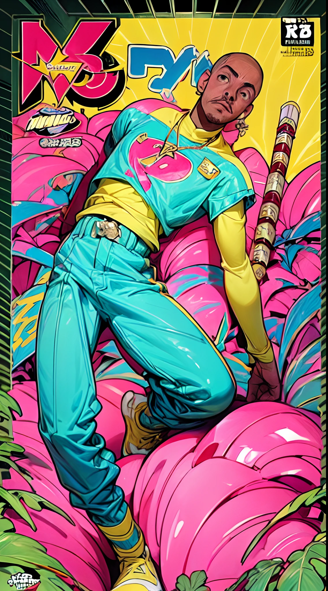 A COmic Layout of a Basketball player vector logo Brand letters MN Raptiles as a comic book Hero, Anime Comic Book Cover , crazy colors of shiny plastic film, with steam wave, light blue and pink, chartreuse, clear color, fritillary light, super detail, light filled composition, dreamy composition, y2k aesthetic, lightning, 32k, Trending on Artstation, super detailed, intricate face, octane render, blender