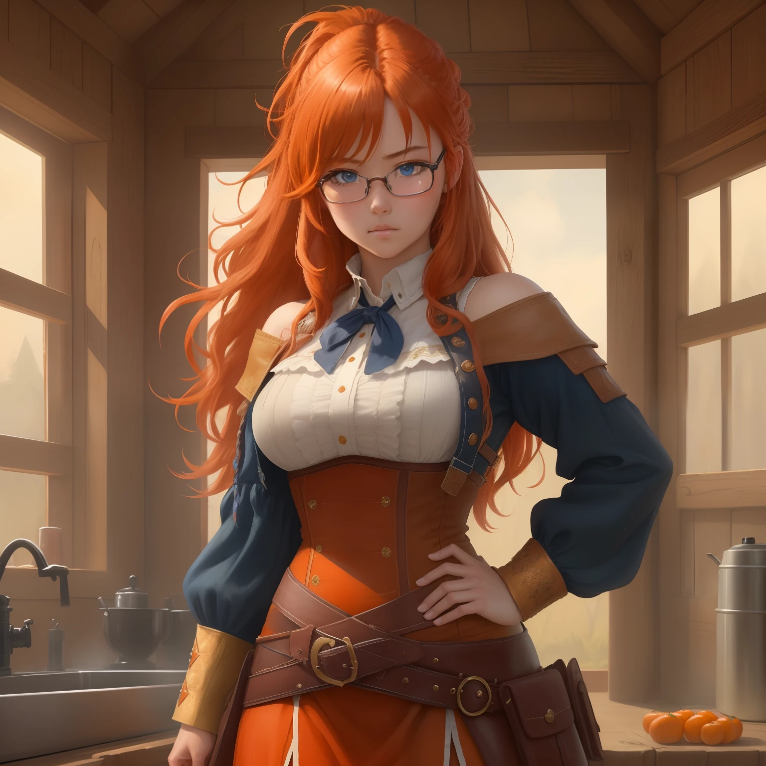 8k, masterpiece, best quality, realistic, higly detailed, cowboy shot, 1girl, solo, itsuki, serious looking girl, medium-length hair, expressive ahoge, reddish-orange hair, a pair of star-shaped hairpins near both of her eyes, dark blue eyes, average height, well-endowed figure, glasses, cute, barbarian
