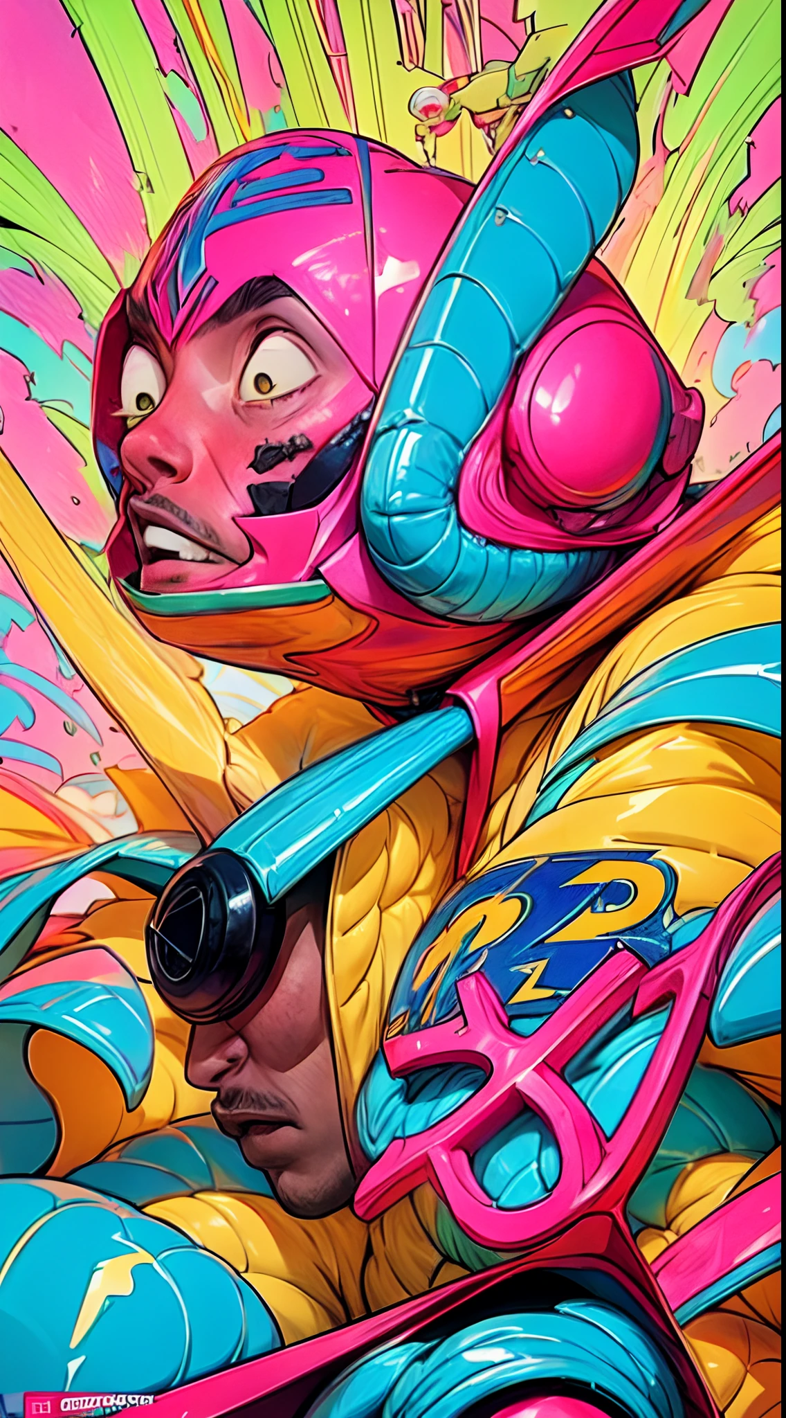 A COmic Layout of a Basketball player vector logo Brand letters MN Raptiles as a comic book Hero, Anime Comic Book Cover , crazy colors of shiny plastic film, with steam wave, light blue and pink, chartreuse, clear color, fritillary light, super detail, light filled composition, dreamy composition, y2k aesthetic, lightning, 32k, Trending on Artstation, super detailed, intricate face, octane render, blender