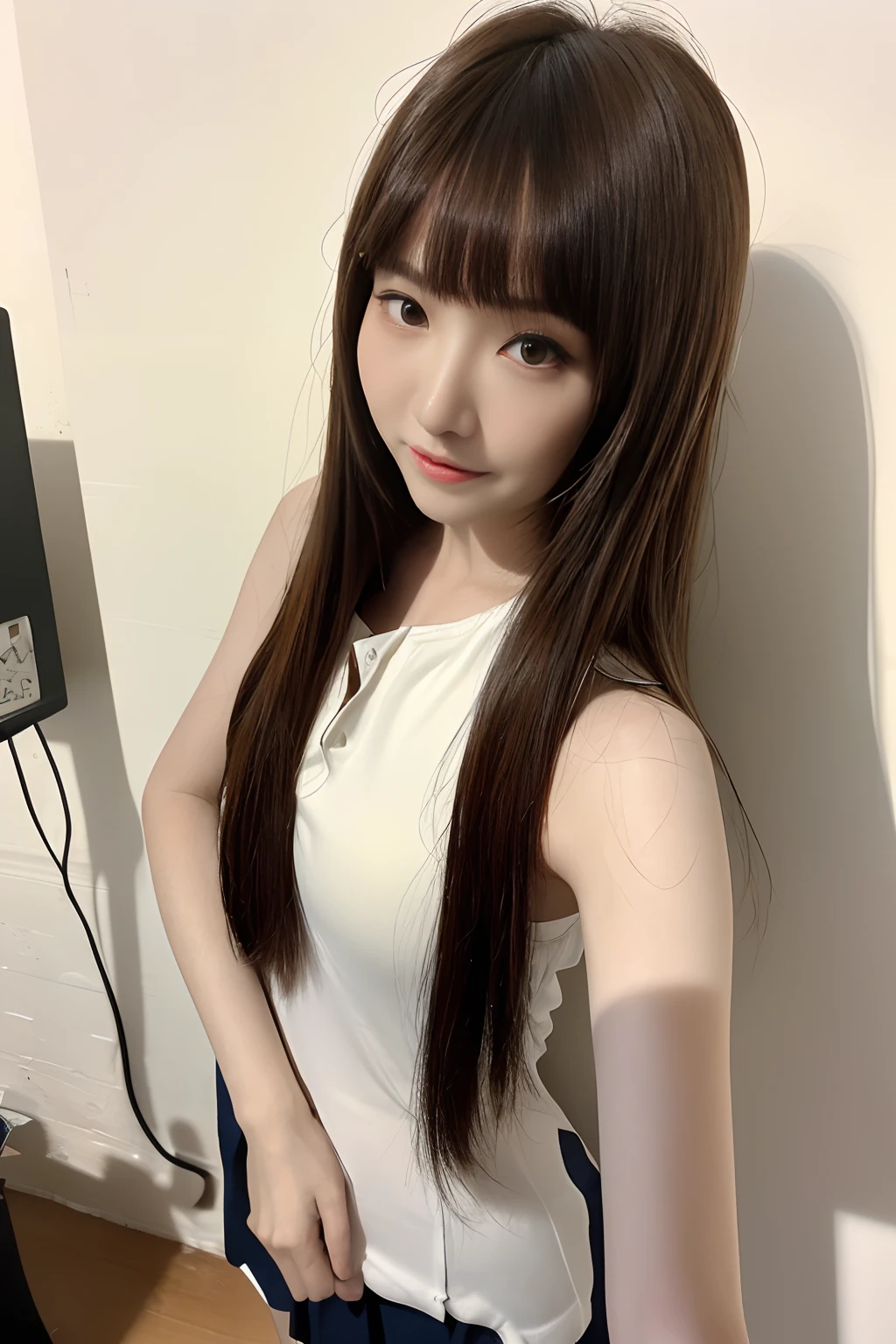 1girll, (Original photo, Best quality), (((Shallow depth of field))), (Realistic medium size, Photographic realism: 1.3), Masterpiece, an extremely delicate and beautiful one, Extremely detailed, CG, uniform, 2k wallpapers, Stunning appearance, Fine details, subtle smiling, Extremely detailed CG uniform 8k wallpaper, hugefilesize, Super super detailed, Super high resolution , Absurd, Soft lighting Next, (((Long hair : 1.3), short length bangs, Jet black hair, Floating hair NovaFrogStyle)), Beautiful detailed girl, Highly detailed fingers, Extremely detailed eyes and face, Beautifully detailed nose, Beautifully detailed eyes, Longer eyelashes, light in face, Audience, (Closed mouth: 1.2), Grow long hair, Cute ???????, Young age, Mature face, (full bodyesbian: 1.3), ((and ????)), Realistic face, Realistic body, Slim body proportions, Beautiful slender thighs, Legs spread,???,(????),pupi