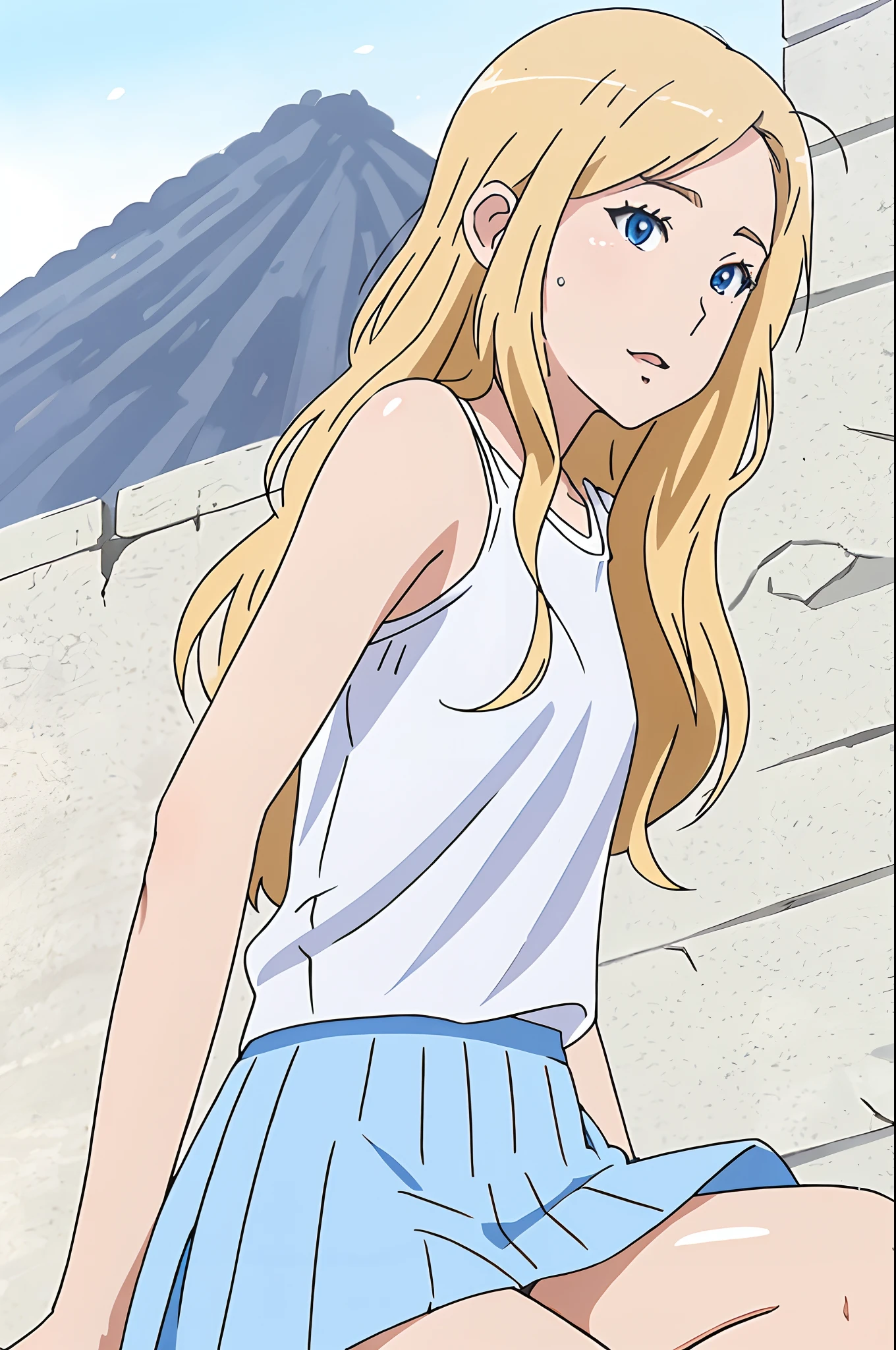 ((European pre-teen)), beautiful girl, light blue eyes, white t-shirt with exposed shoulder, tiny blue pleated skirt, no panties, close-up from thighs to face, shot from below, very fair skin, very long hair, wavy hair , blonde hair, ancient temple, sunrise, photorealistic, indirect lighting, volumetric light, ray tracing, hyper-detailed, best quality, ultra-high resolution, HDR, 8k