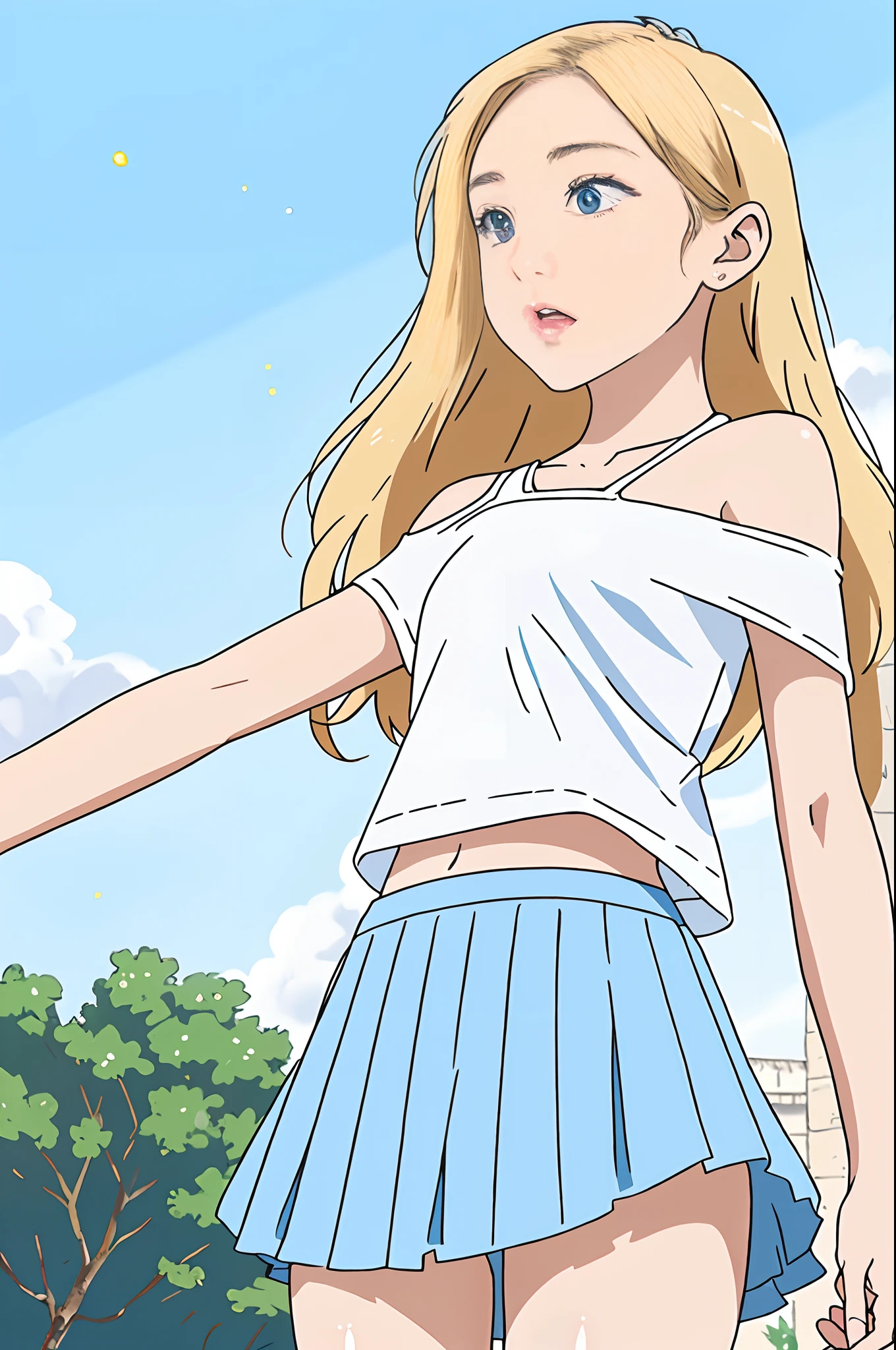 ((European pre-teen)), beautiful girl, light blue eyes, white t-shirt with exposed shoulder, tiny blue pleated skirt, no panties, close-up from thighs to face, shot from below, very fair skin, very long hair, wavy hair , blonde hair, ancient temple, sunrise, photorealistic, indirect lighting, volumetric light, ray tracing, hyper-detailed, best quality, ultra-high resolution, HDR, 8k