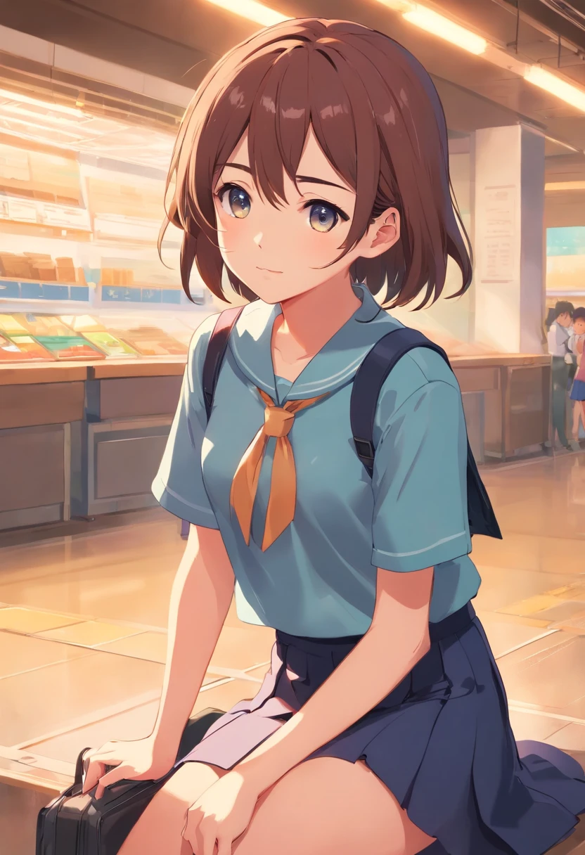 junior school student，Handsome，youthfulness，short detailed hair，a skirt，teens girl