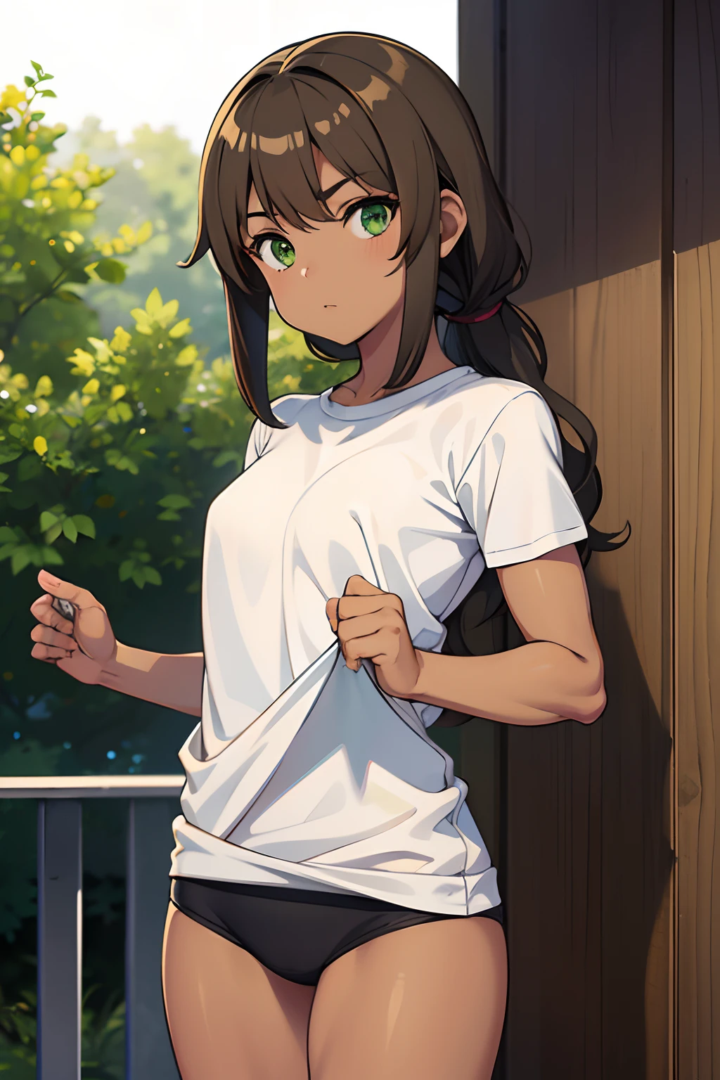 1girl, muscle girl, tanned skin, olive skin, light brown hair, green eyes, shirt,