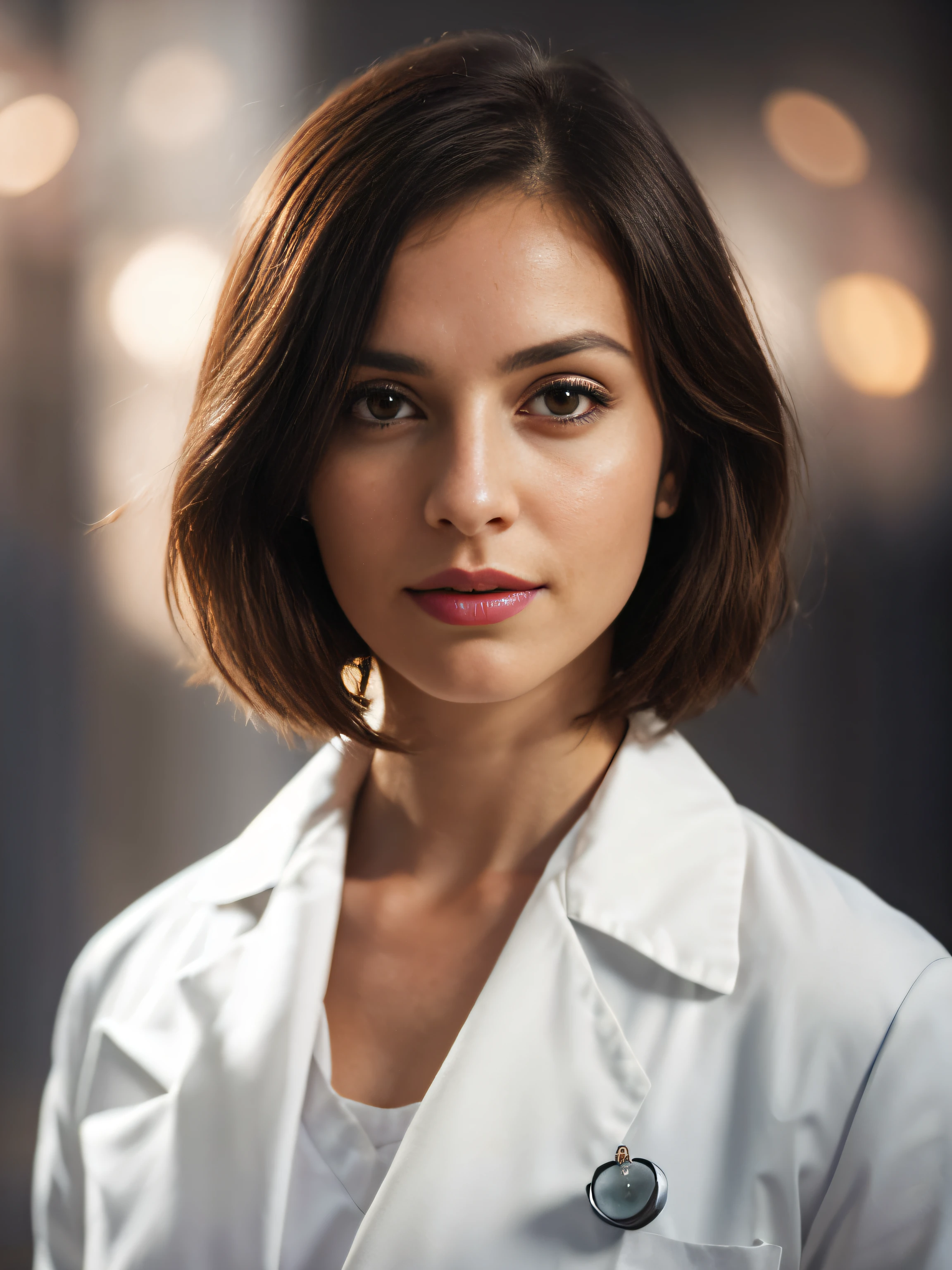 A beautiful 30-year-old girl wearing a white doctor's coat, with brown bob hair and a beautiful face stands in front of a blurred background. The high-resolution image captures every detail of your costume, and cinematic lighting adds depth and drama to the scene.