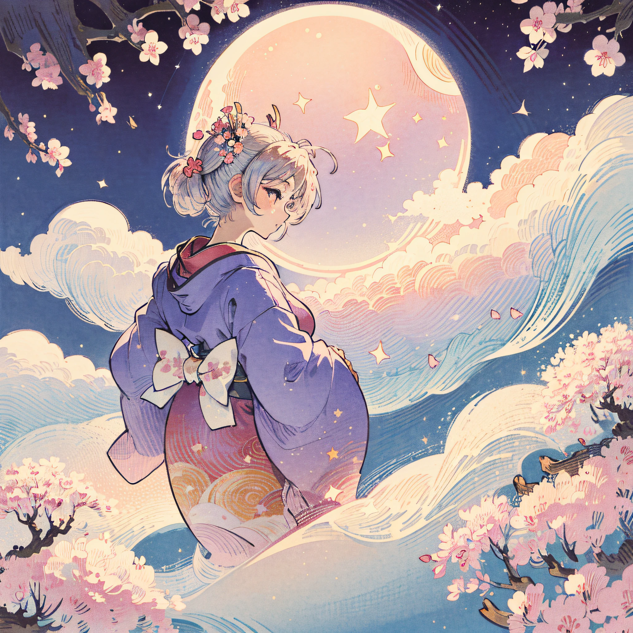 1 sticker, sticker, nikkaze, (cute girl), (gorgeous kimono), (gorgeous hair accessory), (Japanese traditional hairstyle), cherry blossoms, clouds, behind is a huge round moon, stars, white background, no background, simple background, minimal, cute, tiny, pastel color, vector style, no gradient --auto