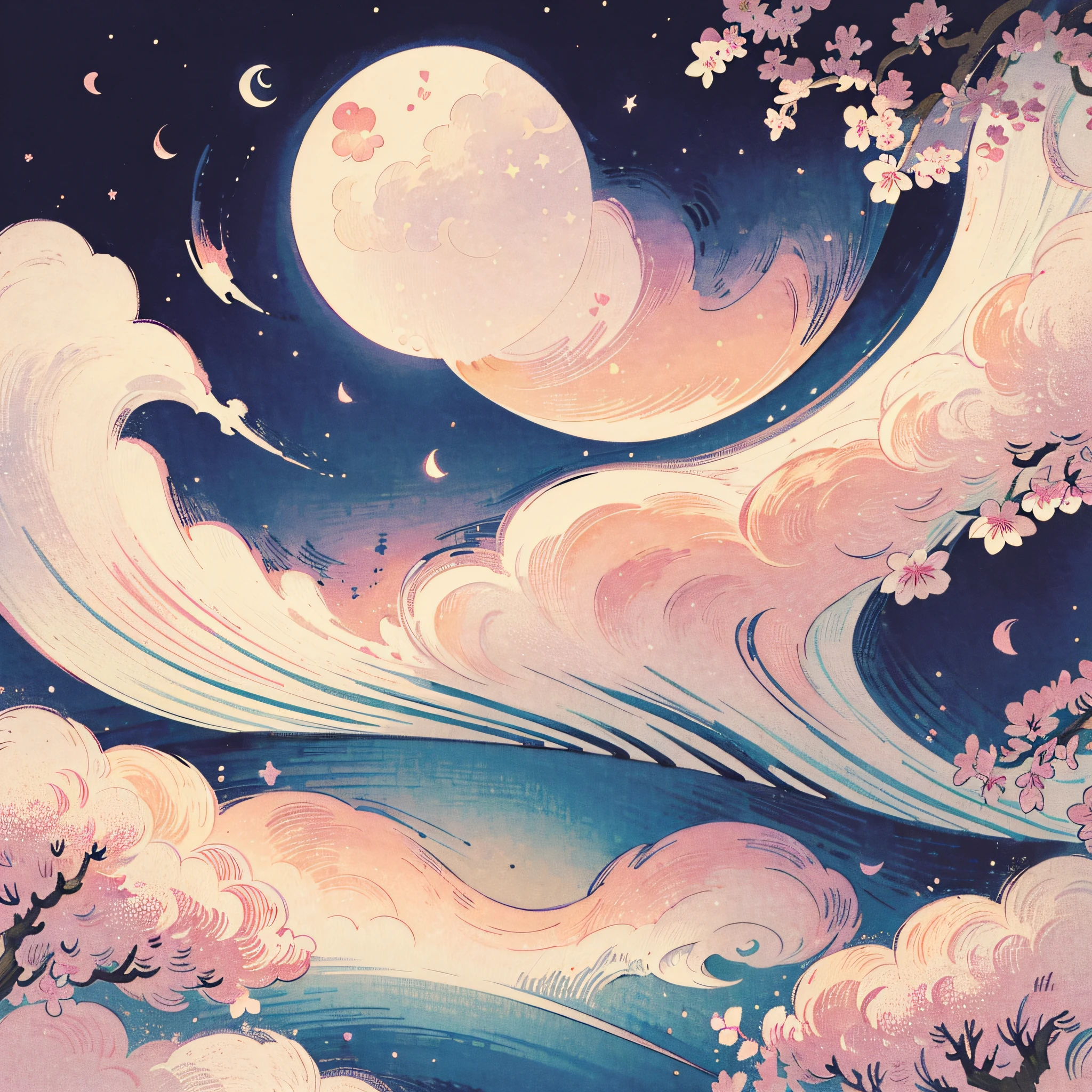 1 sticker, sticker, nikkaze, (cute girl), (gorgeous kimono), (gorgeous hair accessory), (Japanese traditional hairstyle), cherry blossoms, clouds, behind is a huge round moon, stars, white background, no background, simple background, minimal, cute, tiny, pastel color, vector style, no gradient --auto