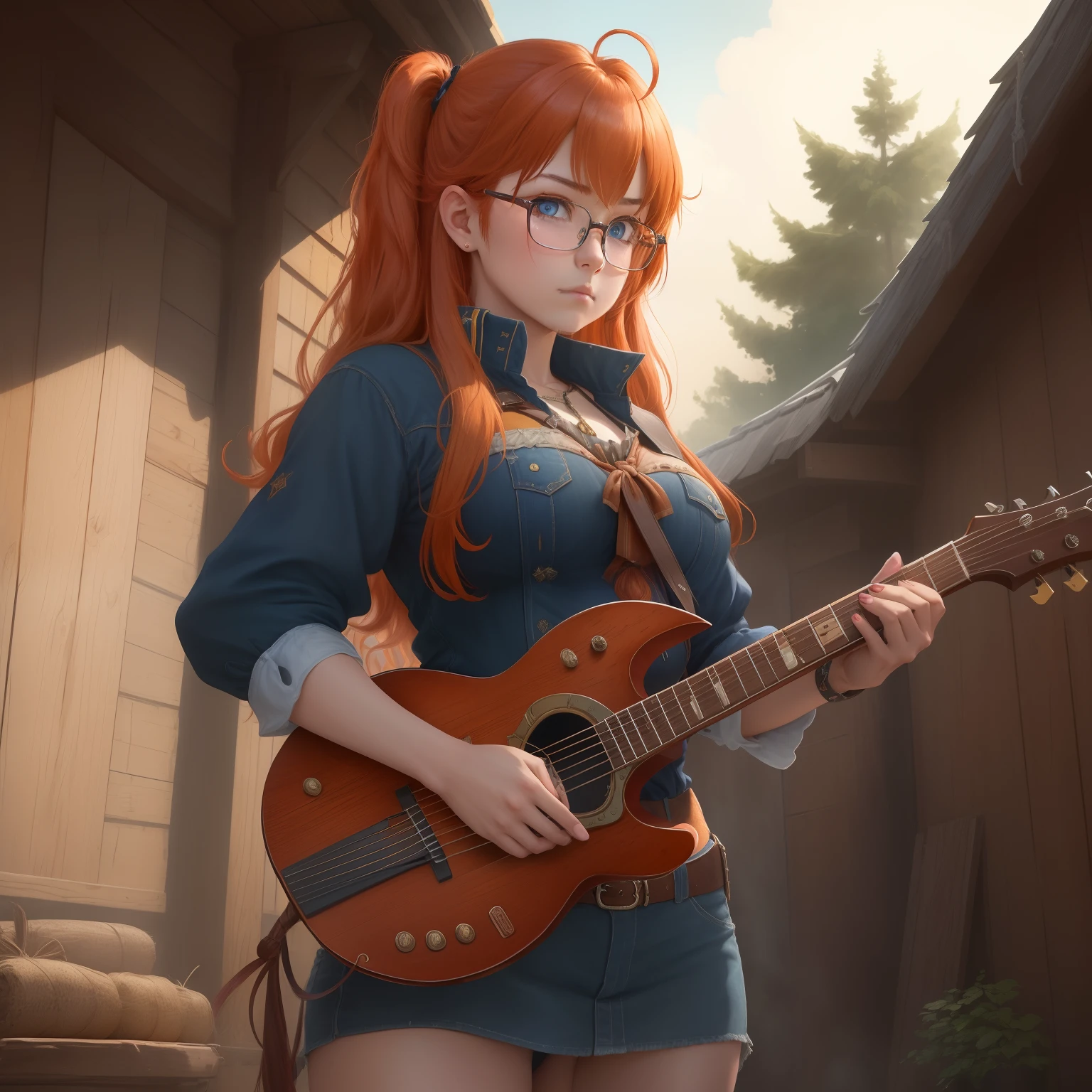 8k, masterpiece, best quality, realistic, higly detailed, cowboy shot, 1girl, solo, itsuki, serious looking girl, medium-length hair, expressive ahoge, reddish-orange hair, a pair of star-shaped hairpins near both of her eyes, dark blue eyes, average height, well-endowed figure, glasses, cute, bard