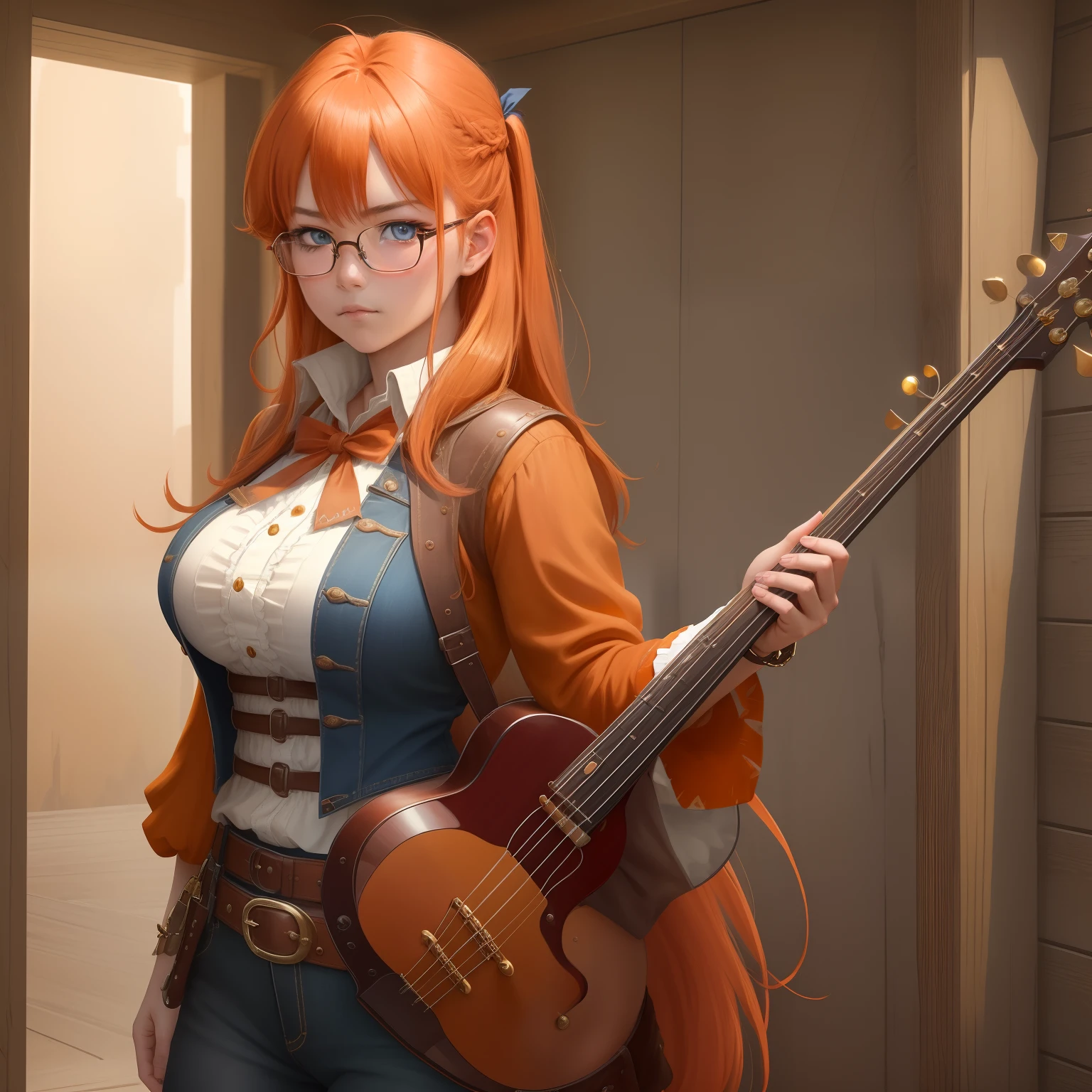 8k, masterpiece, best quality, realistic, higly detailed, cowboy shot, 1girl, solo, itsuki, serious looking girl, medium-length hair, expressive ahoge, reddish-orange hair, a pair of star-shaped hairpins near both of her eyes, dark blue eyes, average height, well-endowed figure, glasses, cute, bard