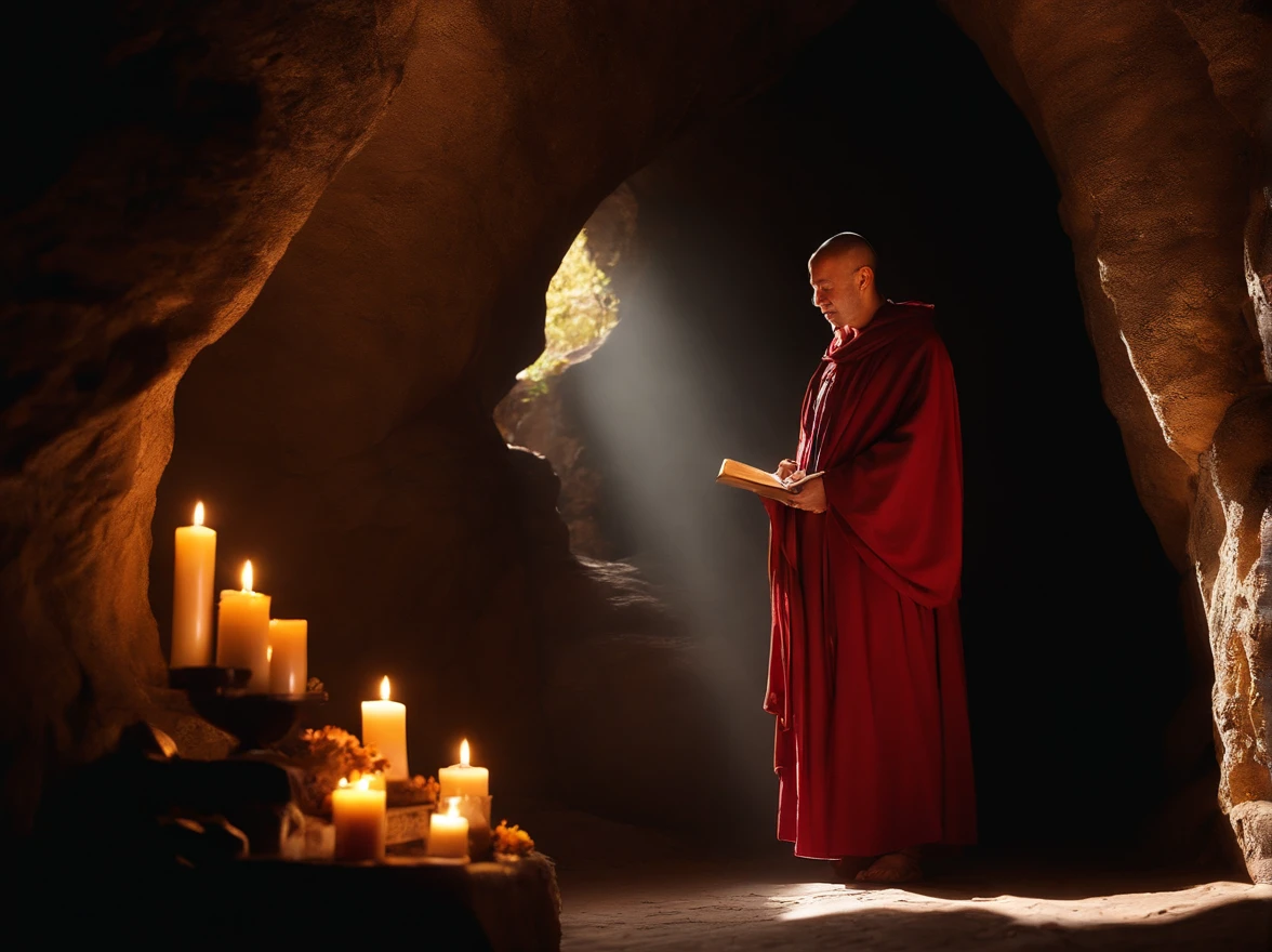 (best quality, ultrarealistic: 1.37), Roman Catholic monk, in a cave, books, bibles and scrolls, serene expression, vibrant colors, majestic lighting, sunlight streaming through the cave entrance, detailed cloak and hood, devotional atmosphere, silent prayer, candlelit altar, vibrant colors of religious icons, solemn and contemplative demeanor, subtle texture of the stone walls, highly detailed hand gestures, soft rays of sunlight illuminating the cave, meticulous attention to facial features that must be intricate, exquisite details on religious artifacts and symbols, peace and serenity, harmony between light and shadow.