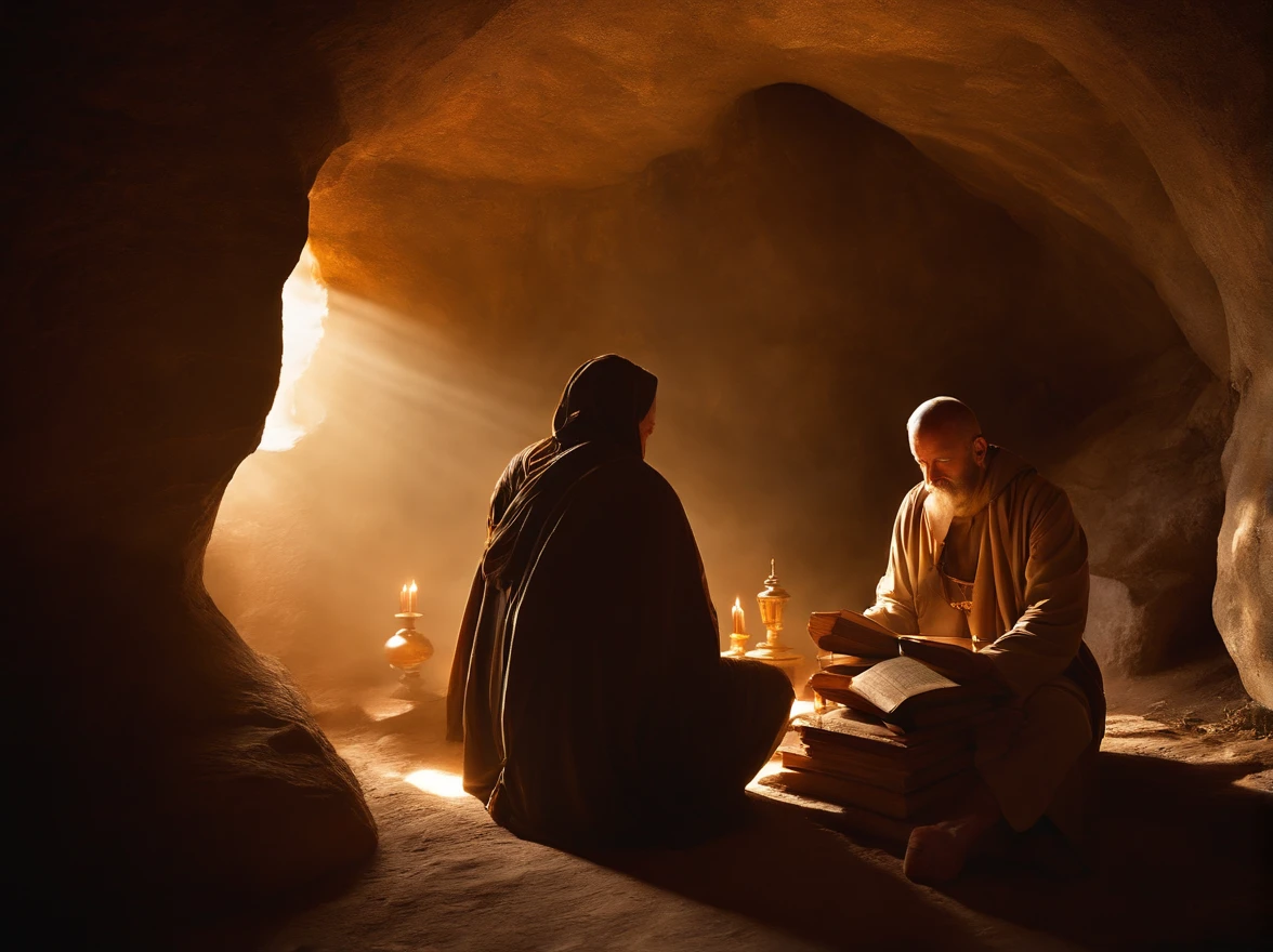 (best quality, ultrarealistic: 1.37), Roman Catholic monk, in a cave, books, bibles and scrolls, serene expression, vibrant colors, majestic lighting, sunlight streaming through the cave entrance, detailed cloak and hood, devotional atmosphere, silent prayer, candlelit altar, vibrant colors of religious icons, solemn and contemplative demeanor, subtle texture of the stone walls, highly detailed hand gestures, soft rays of sunlight illuminating the cave, meticulous attention to facial features that must be intricate, exquisite details on religious artifacts and symbols, peace and serenity, harmony between light and shadow.