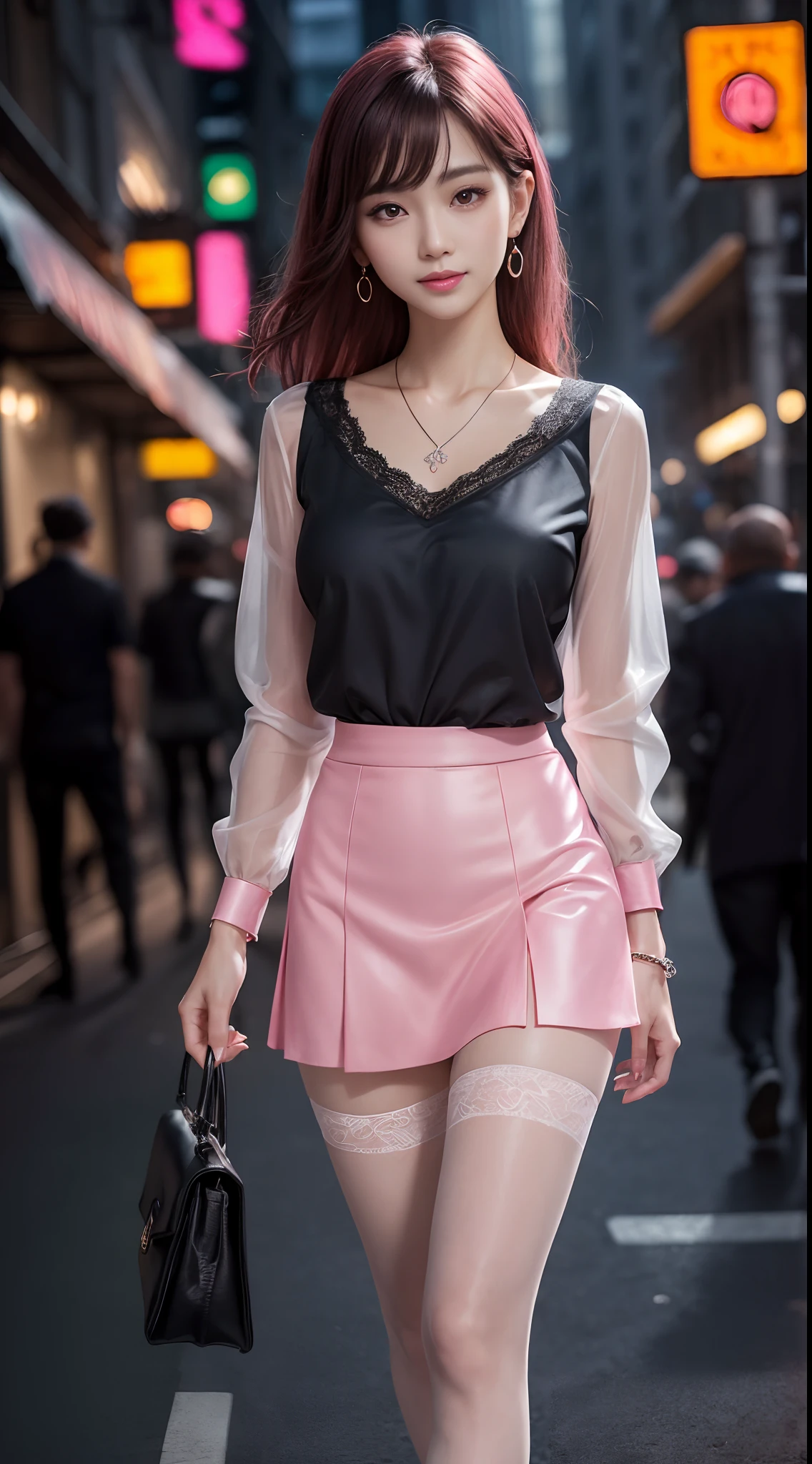 8k, masterpiece, RAW photo, best quality, photorealistic, extremely detailed CG unity 8k wallpaper, Depth of field, Cinematic Light, Lens Flare, Ray tracing, (extremely beautiful face, beautiful lips, beautiful eyes), intricate detail face, ((ultra detailed skin)) 1girl, in the dark, deep shadow, pretty korean girl, kpop idol,(very slim slender fit-muscled body:1.3), ((looking at viewer)),(big smile:1.3), (night, (neon sign), (blurry background), midnight, (without people in the background:1.3), pretty korean girl, white diamond earrings, bracelets, necklace, pantyhose, clear eyes, walking , front shot, (pale skin), face forward, (big eyes), full body shot, ((see through blouse)), (hot pink color blouse)), ((laced skirt)), (looking at viewer:1.3), very slim, medium breasts, Hermes bag