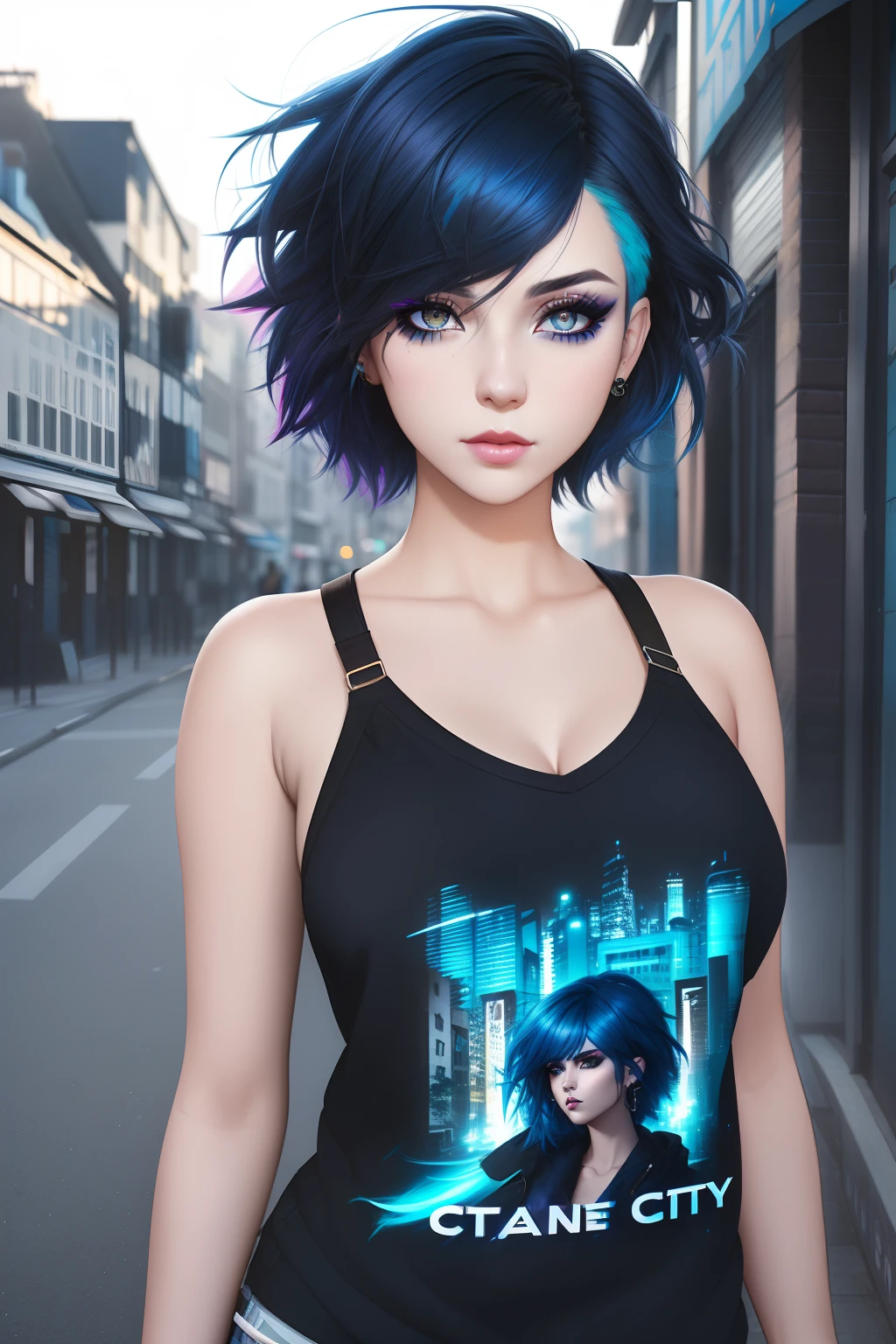 beautiful girl, half body portrait, short bright blue disheveled hair, black eyeshadow, (street style wear:1.2), (city background:1.2), dark makeup, digital art, trending on artstation, highly detailed, fine detail, intricate,  beautiful detailed glow, detailed, Cinematic light, highres, detailed facial features,sharp focus, smooth, aesthetic,