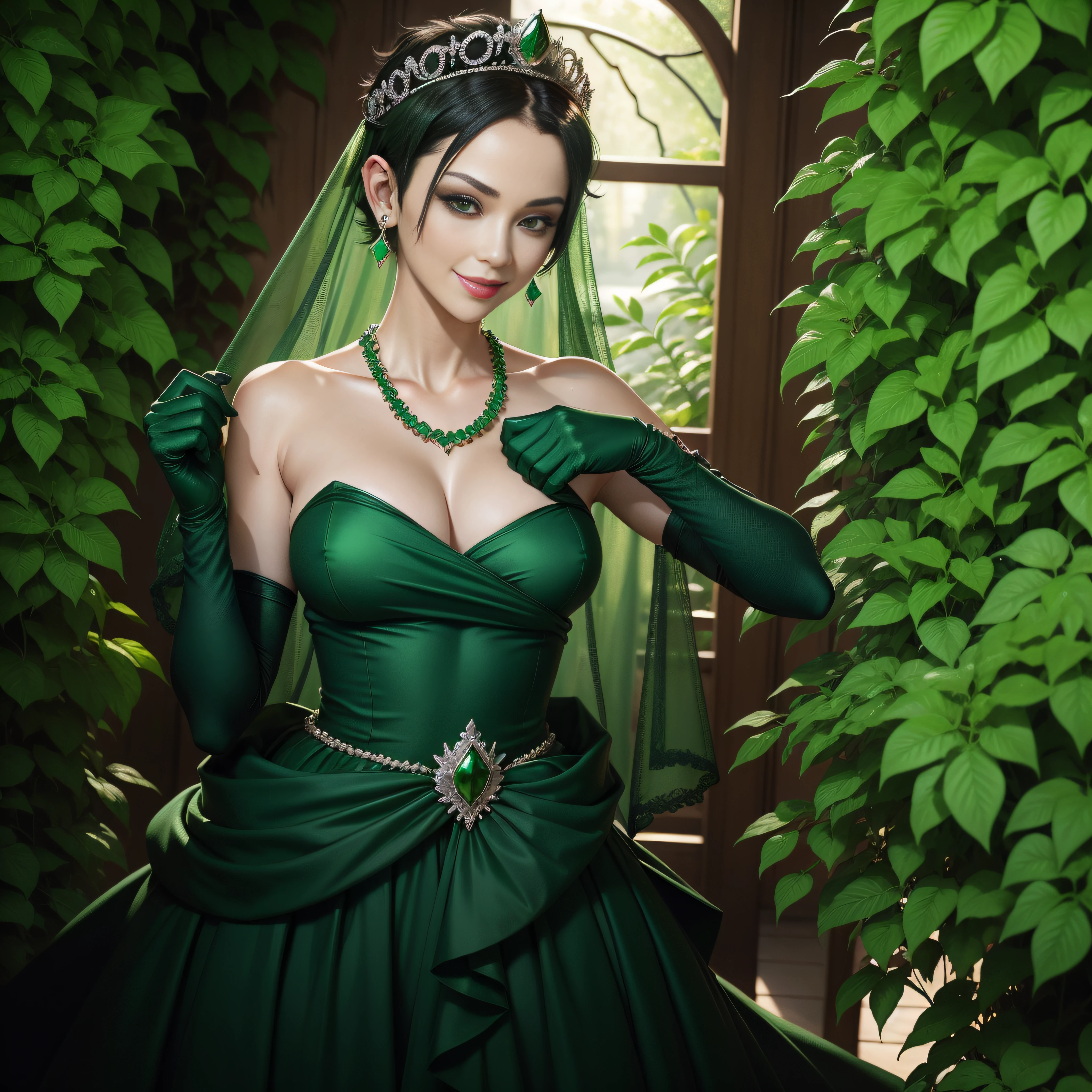emerald tiara, Green Pearl Necklace, Boyish very short green hair, lipsticks, Japan woman smiling, very short short hair, fist, big breasts beautiful, Green eyes, Long green gloves made of satin material, Green eyes, Emerald Earrings, The tattoo
