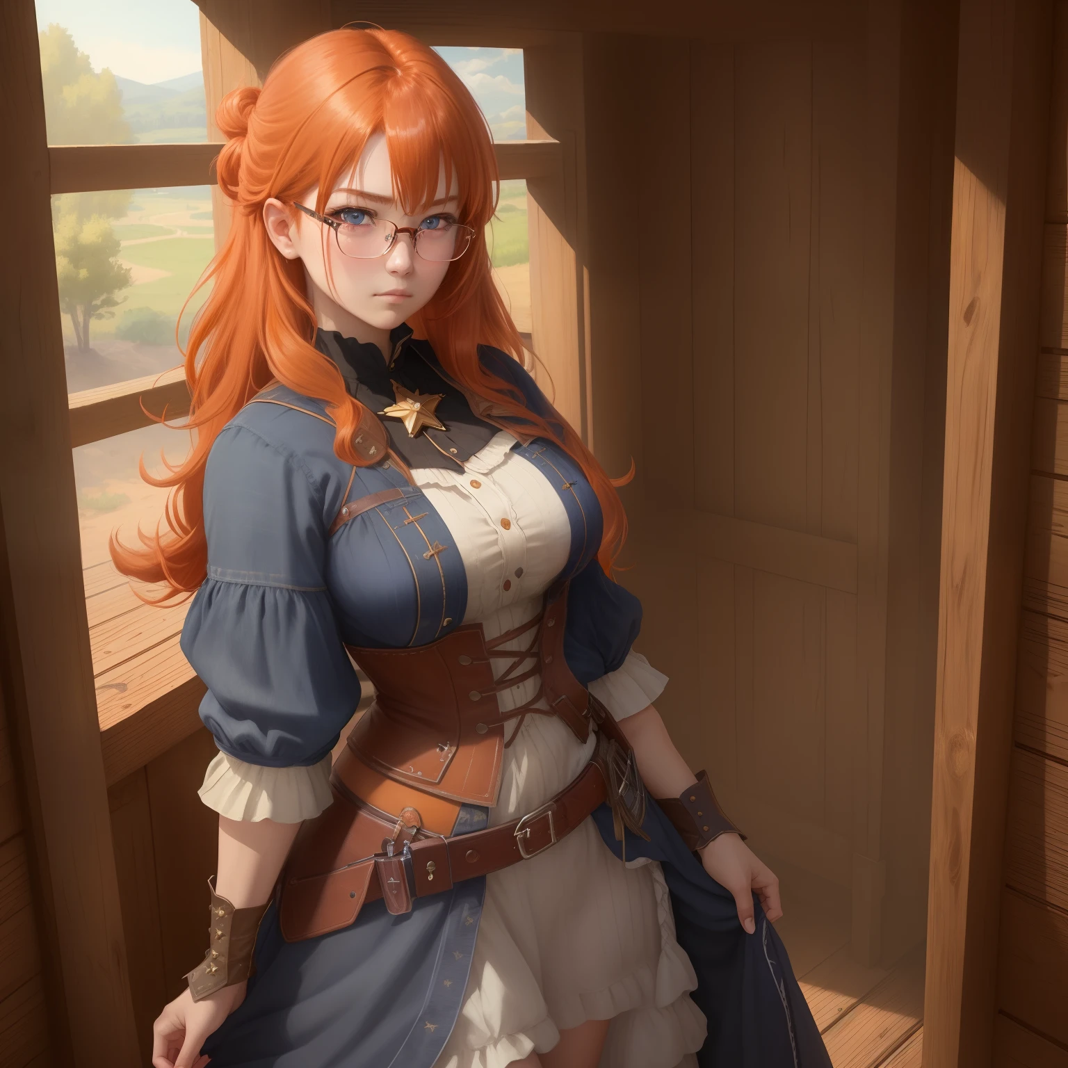 8k, masterpiece, best quality, realistic, higly detailed, cowboy shot, 1girl, solo, itsuki, serious looking girl, medium-length hair, expressive ahoge, reddish-orange hair, a pair of star-shaped hairpins near both of her eyes, dark blue eyes, average height, well-endowed figure, glasses, cute, cleric