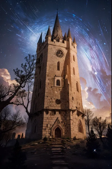 a very detailed photography of a medieval tower with fires and soldiers around, starry night, torches, iperrealistic