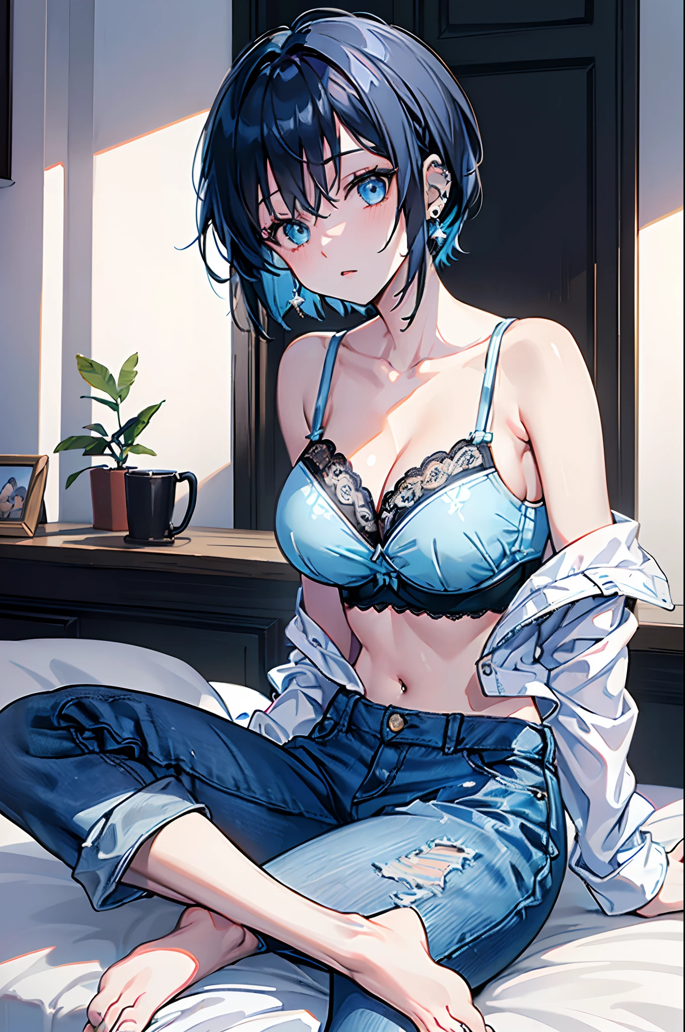 ((8K, high resolution, Masterpiece)) 1 woman ((Solo)) (Shooted by herself), short hair, black hair, blue inner hair, blue eyes, ear piercings, light blue bra (cute bra), bust out, denim, indian style sitting, on the bed, taken from the front
