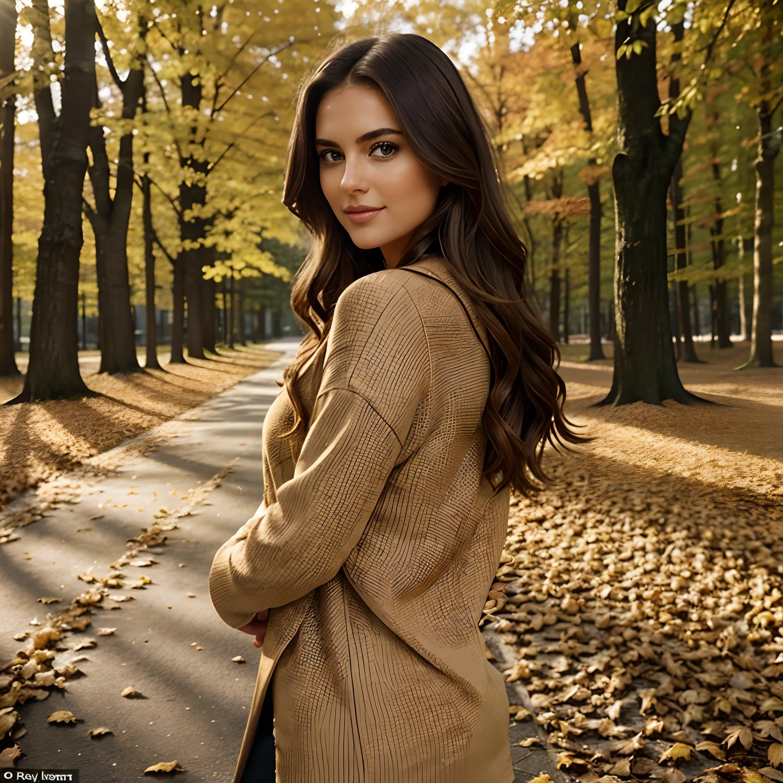 Generate full-body photography of Autumn Ingrid, the stunning brunette influencer, in her mid-20s, approximately 5'4" tall, with long, wavy chestnut hair that gracefully falls on her shoulders. She has an athletic hourglass figure accentuated by her full bust. Her complexion is flawless, with a warm, sun-kissed tan. Autumn's expressive brown eyes radiate charisma, and she has a relaxed and confident demeanor.Autumn is dressed in a chic and fashionable fall outfit, embracing the autumnal atmosphere. Her attire features rich, warm colors and stylish layers that blend seamlessly with the season's vibrant palette.The photoshoot takes place in a picturesque outdoor setting amidst colorful autumn leaves. The ground is covered with a carpet of fallen leaves, creating a serene and enchanting backdrop.Autumn's poses reflect her connection with nature and her appreciation for the beauty of the season. She interacts with the leaves, captures the playfulness of fall, and exudes a sense of serenity in the midst of nature's artistry.Intense look and makeup, smiling, symmetrical eyes, symmetrical face, photorealistic, photography, path tracing, specular lighting, volumetric face light, path-traced hair, visible shadows, intricate, elaborate, hyper-realistic.