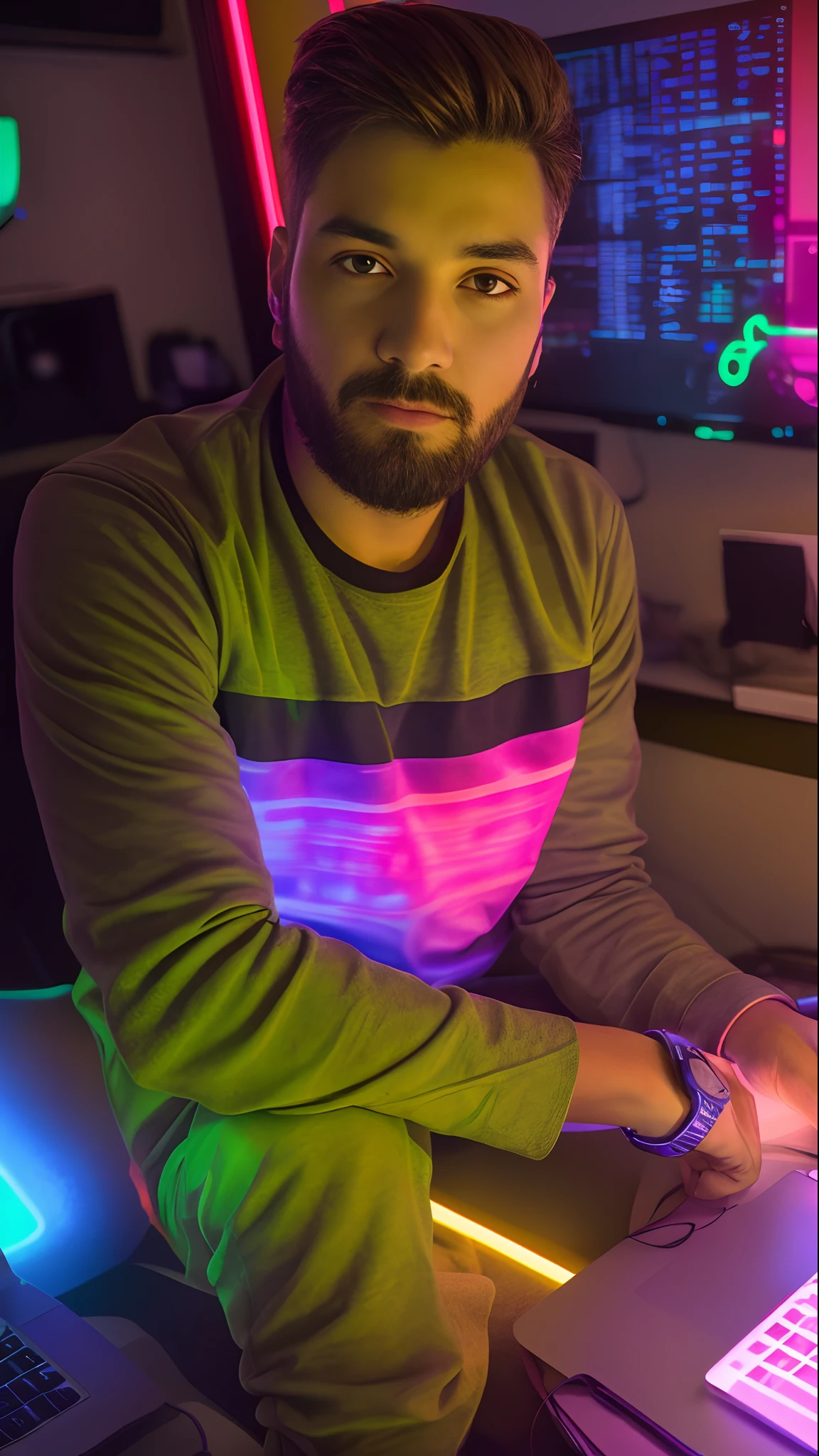 Enhance photo, 8K, don’t change face, IT background, laptops and monitors in the back and neon lights