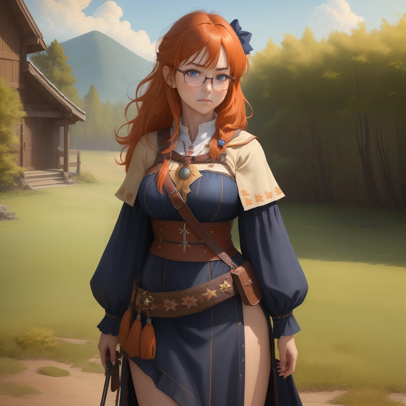 8k, masterpiece, best quality, realistic, higly detailed, cowboy shot, 1girl, solo, itsuki, serious looking girl, medium-length hair, expressive ahoge, reddish-orange hair, a pair of star-shaped hairpins near both of her eyes, dark blue eyes, average height, well-endowed figure, glasses, cute, druid