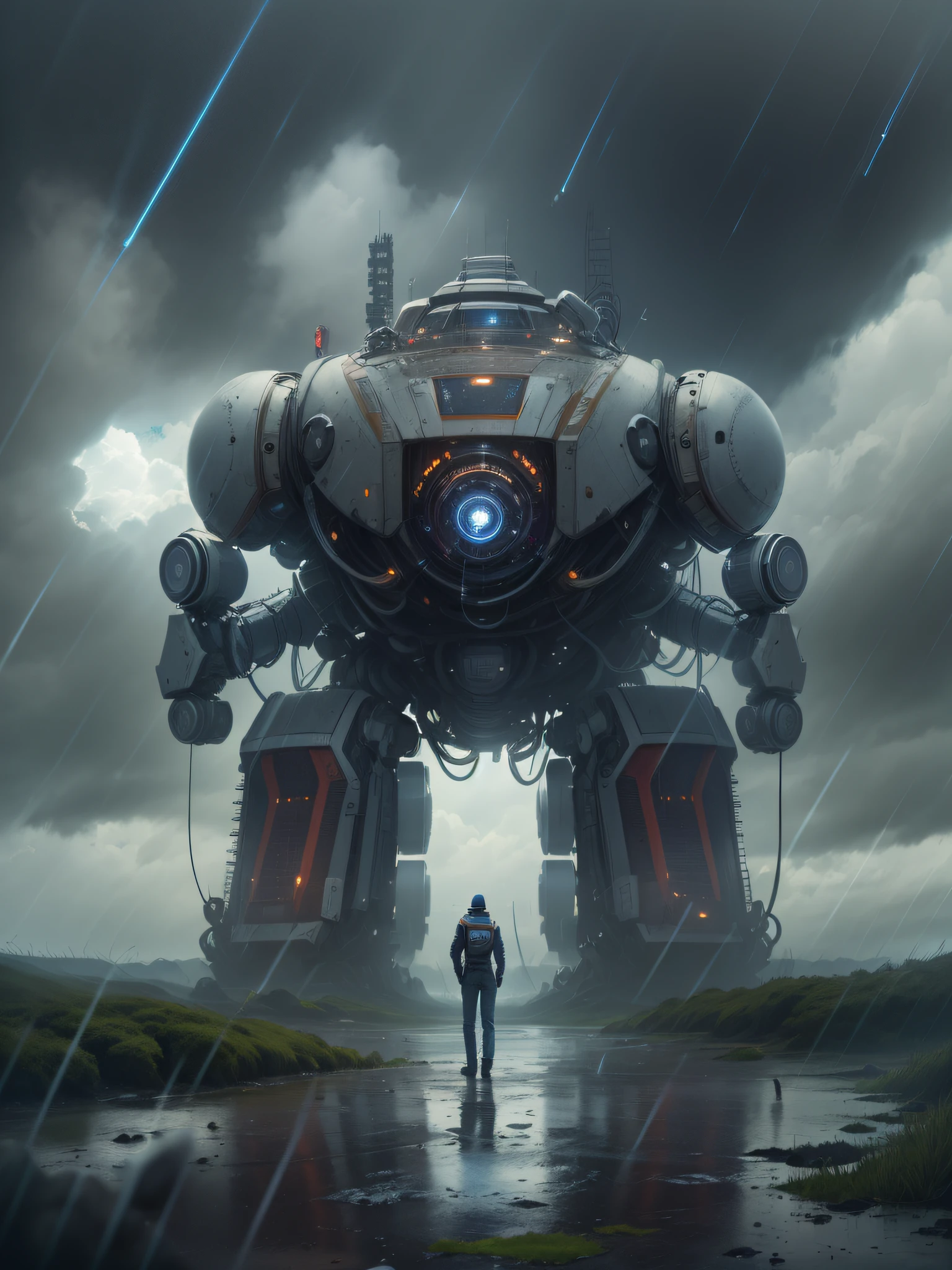 Muckross Universe, A huge robot, gloomy atmosphere, Clouds, Drizzle, hyper realisitc, ultradetail