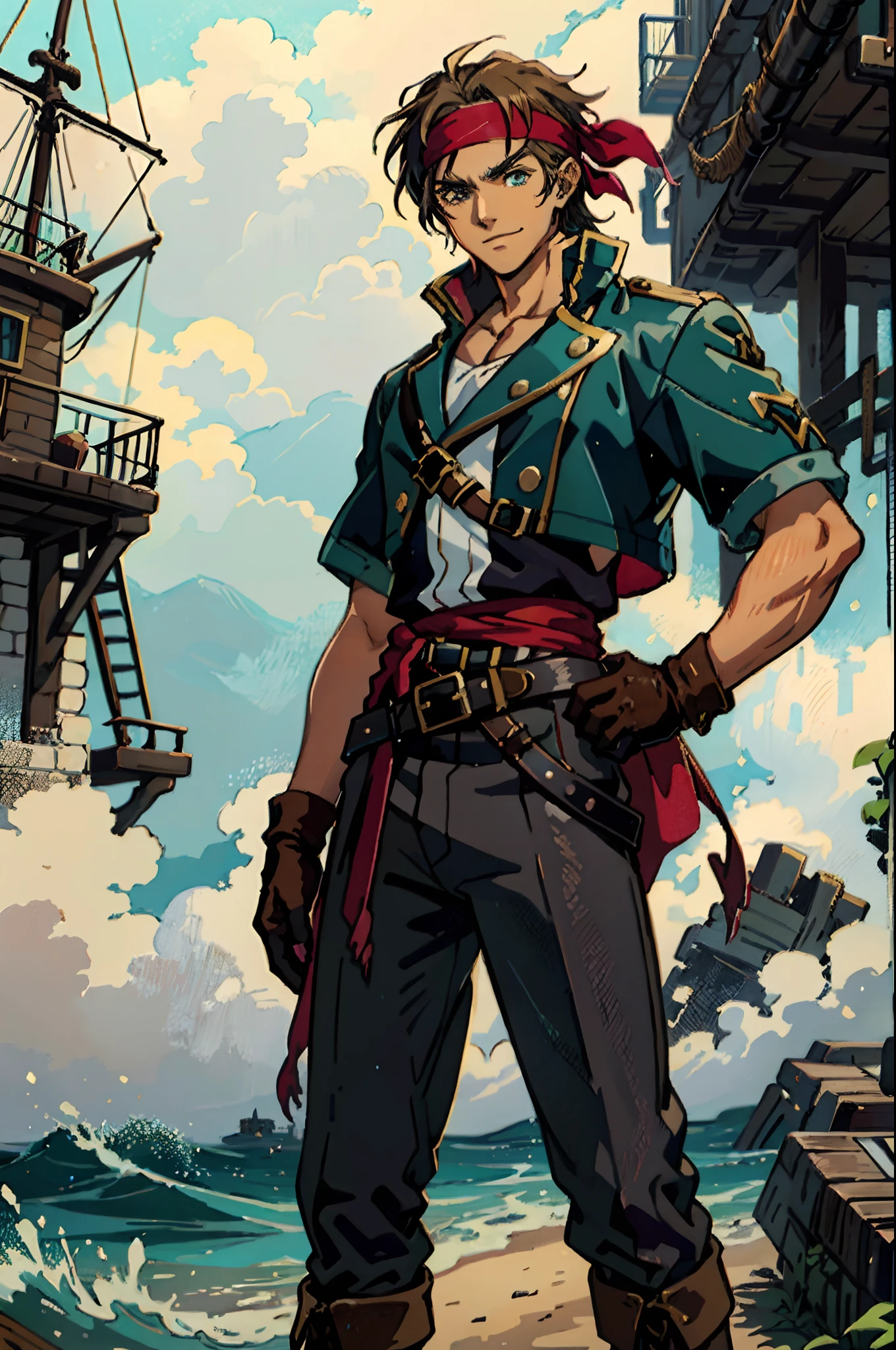 A man with short gray hair, Wearing a brown headband, deep-set eyes, a determined expression, a smiling face, he is dressed in a two-piece fantasy pirate-style leather outfit, flowing lower hem, short sleeves, gloves, a belt around his waist, coarse fabric trousers, long leather boots, the color scheme includes yellow and light blue and black and red, he has a tall stature, stands with his right hand on his hip, exuding confidence, in the background showcases the raging sea with towering waves, in the distance a thriving city can be seen, this character embodies a finely crafted fantasy-style pirate in anime style, characterized by an exquisite and mature manga illustration art style, high definition, best quality, highres, ultra-detailed, ultra-fine painting, extremely delicate, professional, anatomically correct, symmetrical face, extremely detailed eyes and face, high quality eyes, creativity, RAW photo, UHD, 8k, Natural light, cinematic lighting, masterpiece:1.5