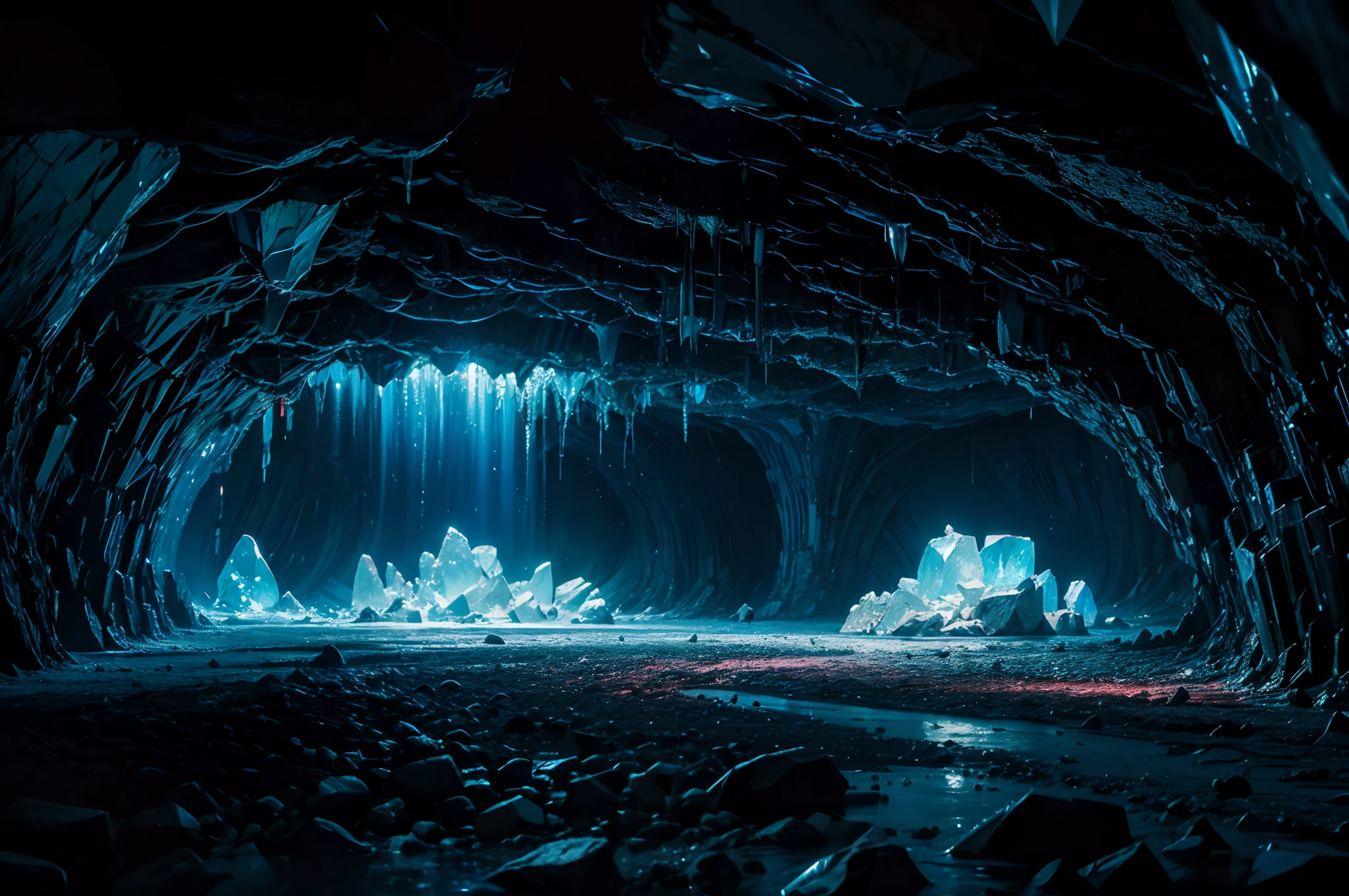 oil painting landscape, cinematic lighting, dramatic lighting, crystal cave, glowing crystals, iridescent light