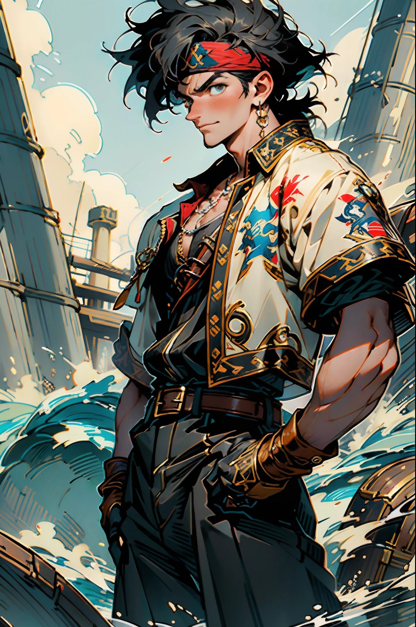 A man with short gray hair, Wearing a brown headband, deep-set eyes, a determined expression, a smiling face, he is dressed in a two-piece fantasy pirate-style leather outfit, flowing lower hem, short sleeves, gloves, a belt around his waist, coarse fabric trousers, long leather boots, the color scheme includes yellow and light blue and black and red, he has a tall stature, stands with his right hand on his hip, exuding confidence, in the background showcases the raging sea with towering waves, in the distance a thriving city can be seen, this character embodies a finely crafted fantasy-style pirate in anime style, characterized by an exquisite and mature manga illustration art style, high definition, best quality, highres, ultra-detailed, ultra-fine painting, extremely delicate, professional, anatomically correct, symmetrical face, extremely detailed eyes and face, high quality eyes, creativity, RAW photo, UHD, 8k, Natural light, cinematic lighting, masterpiece:1.5