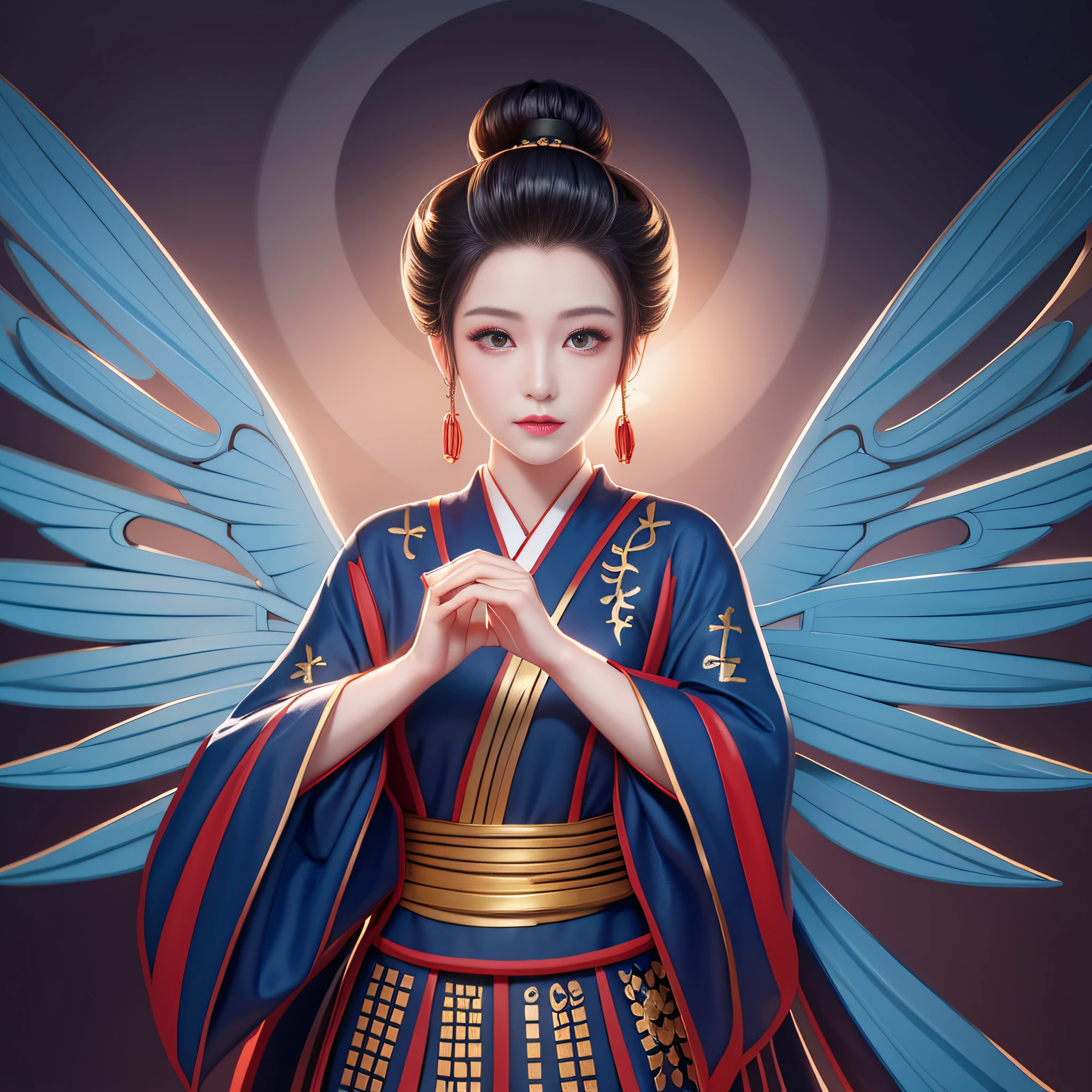 Illustration of a woman with blue wings and a red belt, Deusa chinesa antiga, Princesa chinesa antiga, Deusa japonesa, japanese art style, Estilo de arte antiga da China, Princess of the Ancient Asian Dynasty, inspirado em Jin Nong, a beautiful artwork illustration, uma bela imperatriz fantasia, Belezas chinesas antigas, inspirado em Lan Ying, inspired by Lü Ji, Imperatriz chinesa.